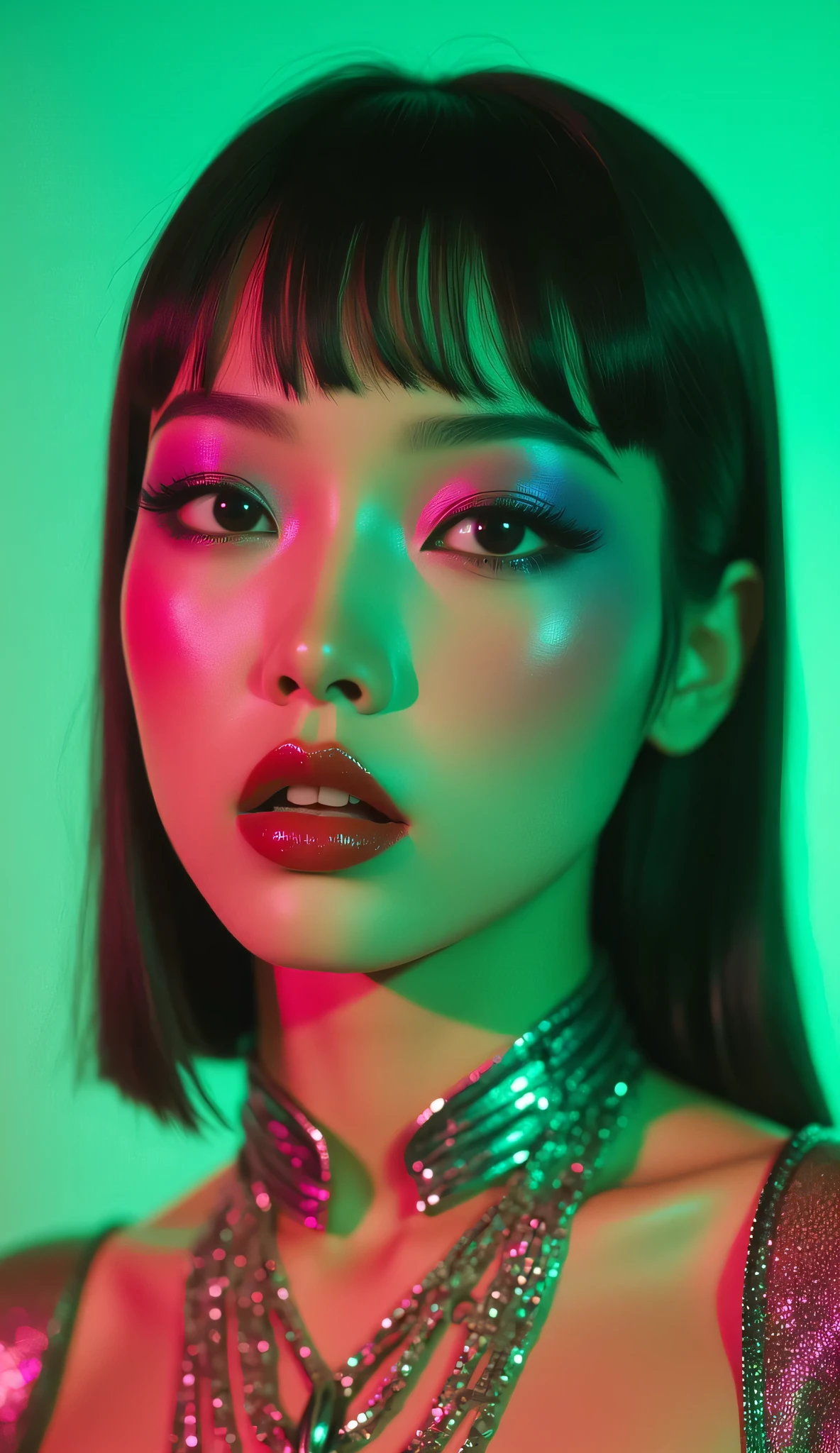 80’s glam rock makeup on shiny face, asian girl, anime, 2.5D, moody lighting, (green, pink, gold), pretty, sexy, minimal, sleek, slender, asian, elegant, futuristic, retro, sophisticated half human half machine, mouth open wide, Kizi,(eyes looking off to side), Highly detailed, Amazing work,Vitreous luster, blues, yellows, Best quality at best,shiny skin, no background, colorful background, green background, pink background, gold, background, plunging neckline, sexy pose, dynamic pose, heavy blushing, huge breasts,