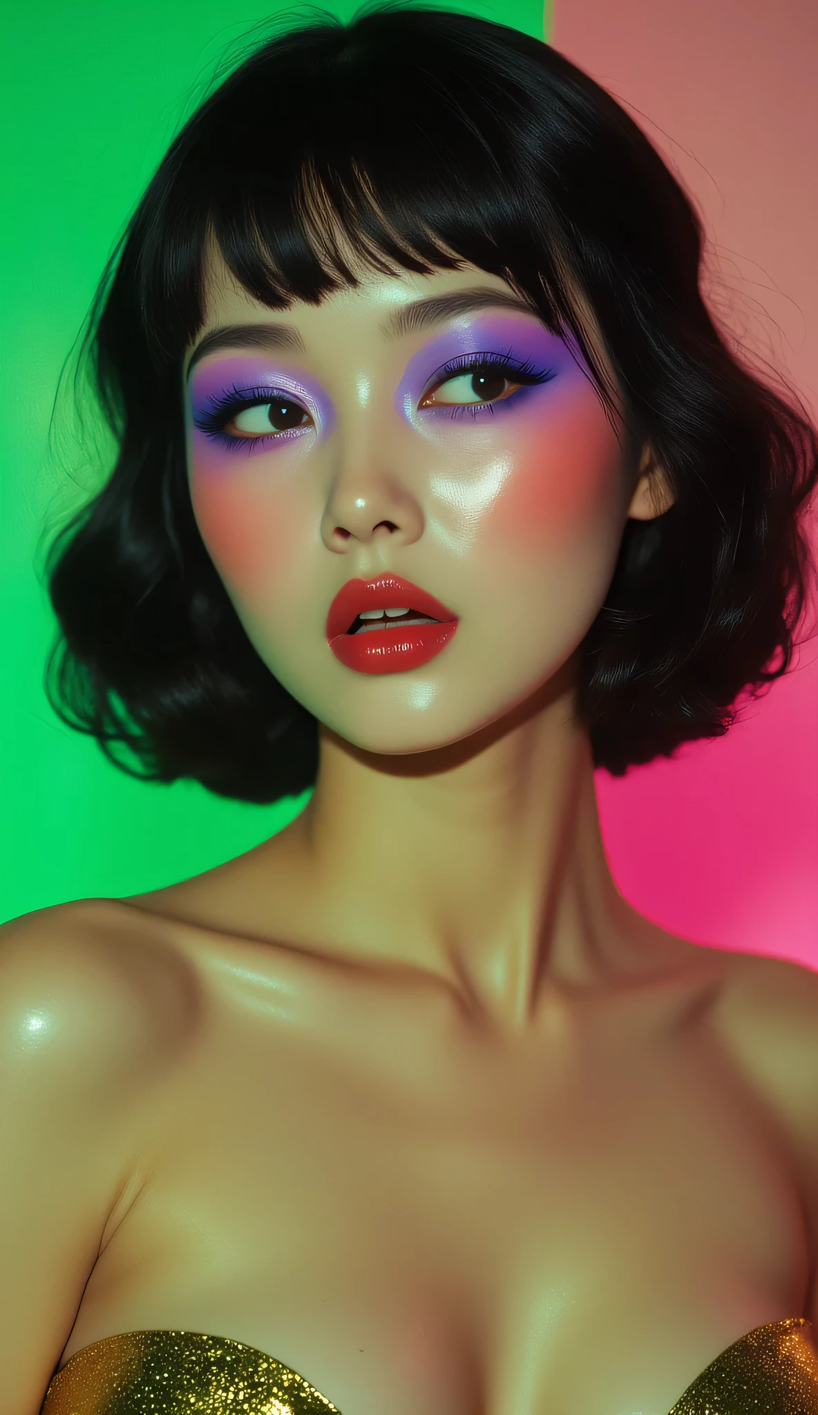 80’s glam rock makeup on shiny face, asian girl, anime, 2.5D, moody lighting, (green, pink, gold), pretty, sexy, minimal, sleek, slender, asian, elegant, futuristic, retro, sophisticated half human half machine, mouth open wide, Kizi，(eyes looking off to side), Highly detailed, Amazing work，Vitreous luster, blues, yellows, Best quality at best，shiny skin, no background, colorful background, green background, pink background, gold, background, plunging neckline, sexy pose, dynamic pose, heavy blushing, huge breasts, 