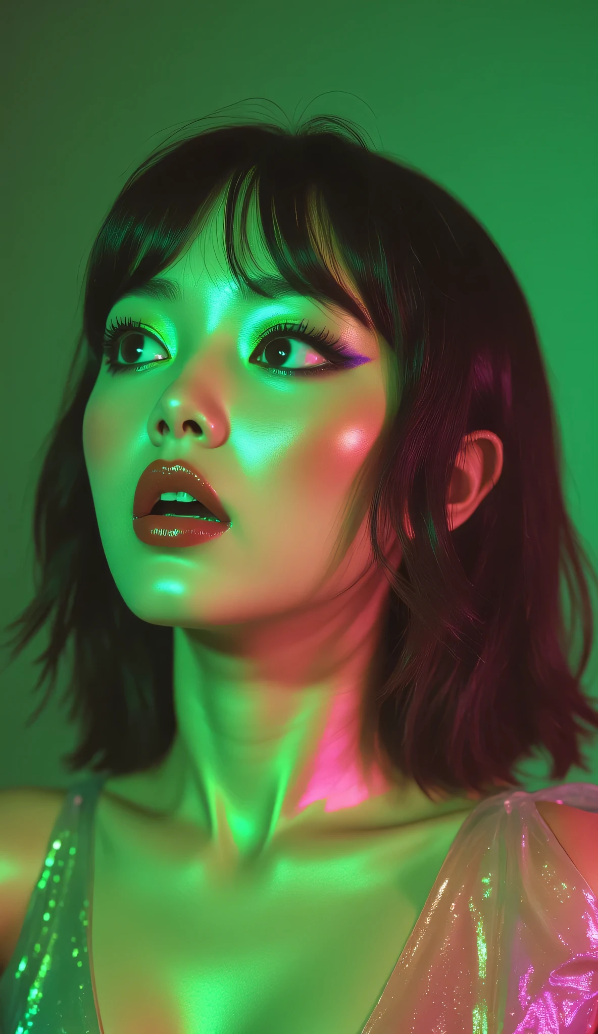 80’s glam rock makeup on shiny face, asian girl, anime, 2.5D, moody lighting, (green, pink, gold), pretty, sexy, minimal, sleek, slender, asian, elegant, futuristic, retro, sophisticated half human half machine, mouth open wide, Kizi,(eyes looking off to side), Highly detailed, Amazing work,Vitreous luster, blues, yellows, Best quality at best,shiny skin, no background, colorful background, green background, pink background, gold, background, plunging neckline, sexy pose, dynamic pose, heavy blushing, huge breasts,