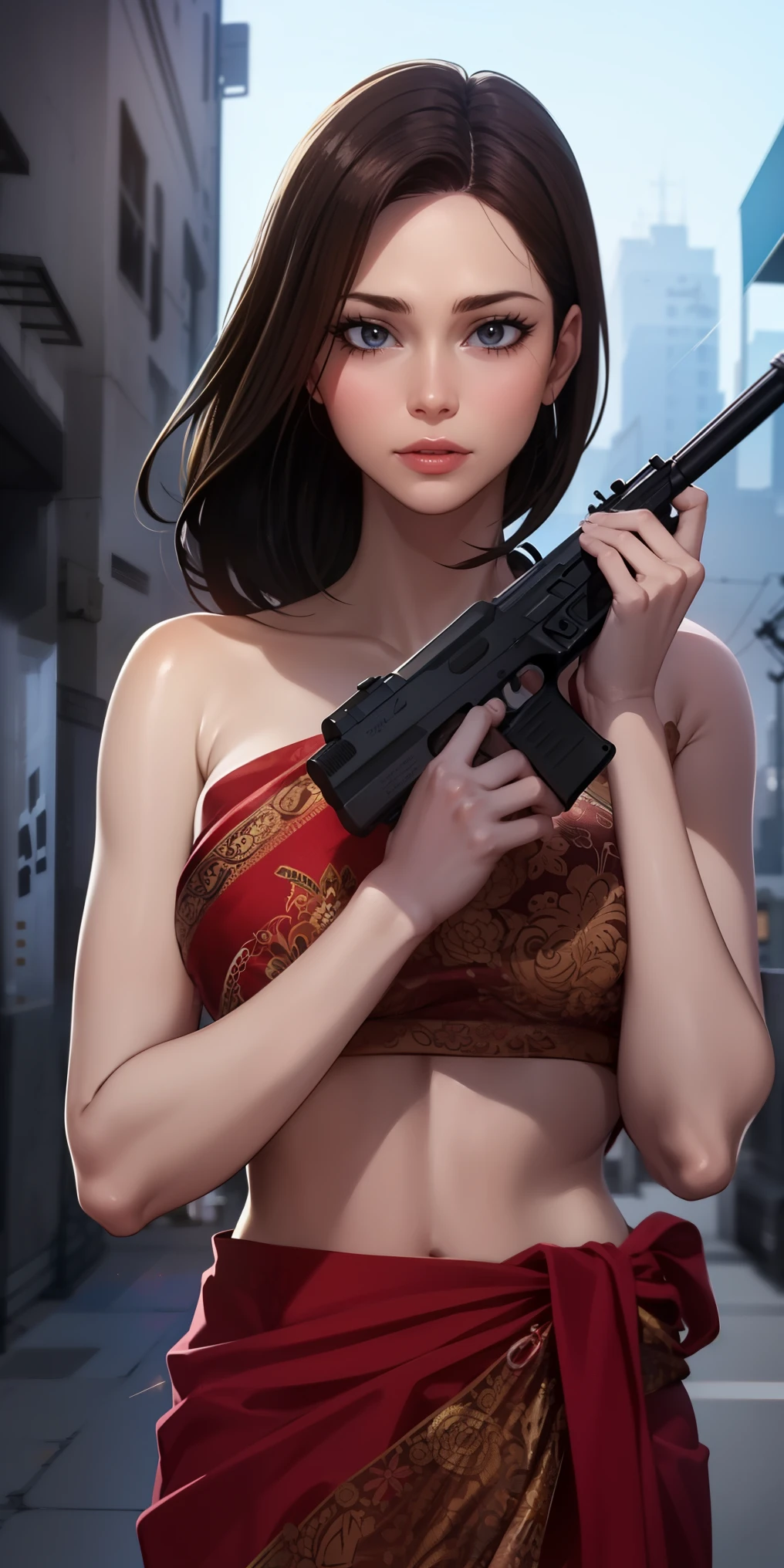 Elaizaikedareal, 1girl, solo, short hair, skirt, blonde hair, red eyes, gloves, ponytail, weapon, pantyhose, hairband, boots, holding weapon, gun, black pantyhose, rifle, one knee, sniper rifle, scope, shell casing