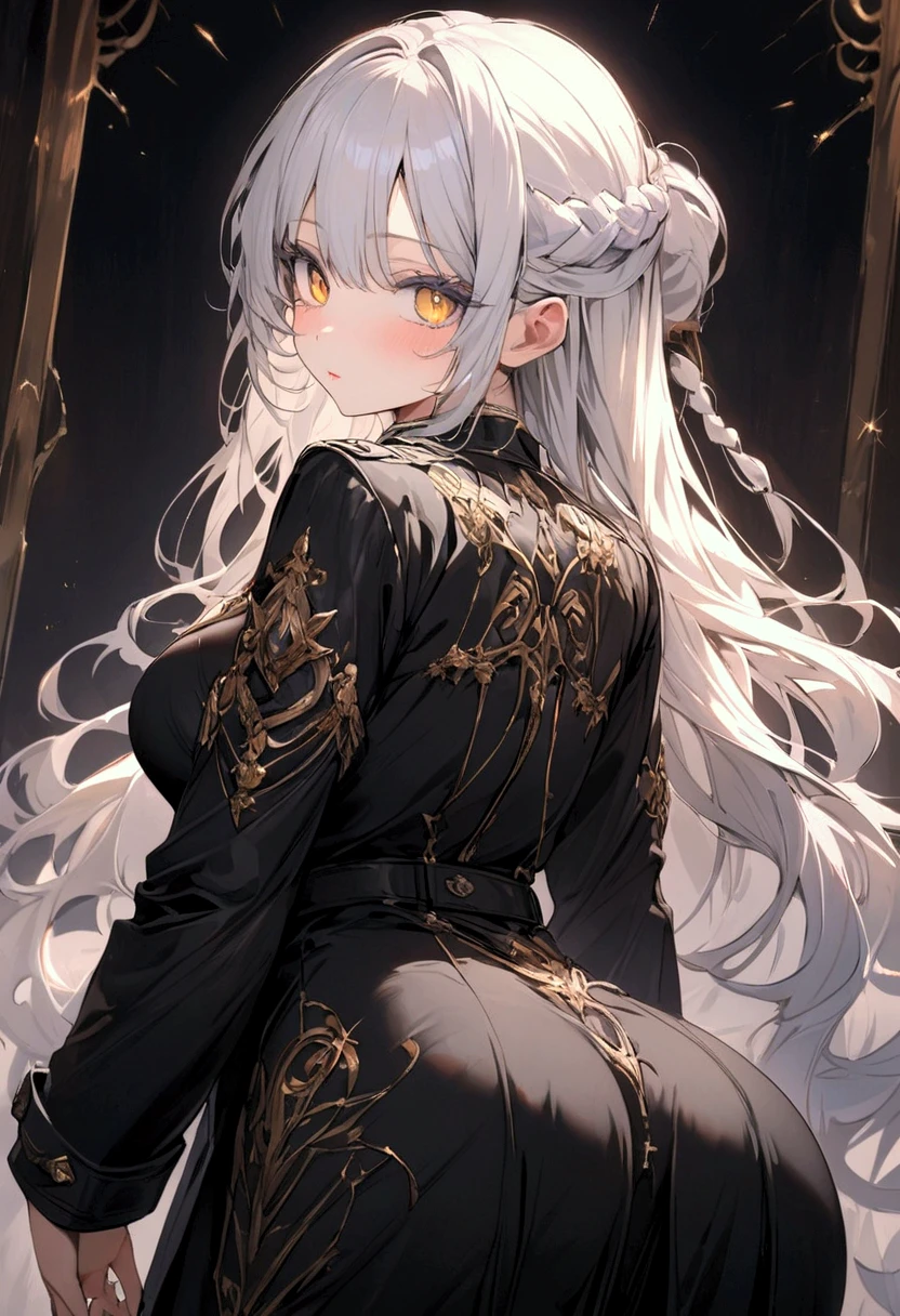 looking back, cute female anime character, light blue beautifully designed braided half-updo, light blue long thick eyelashes, captivating gold eyes,  beauty expression,  great body proportion, wearing black military coat, ultra detailed, absolutely resolution, masterpiece