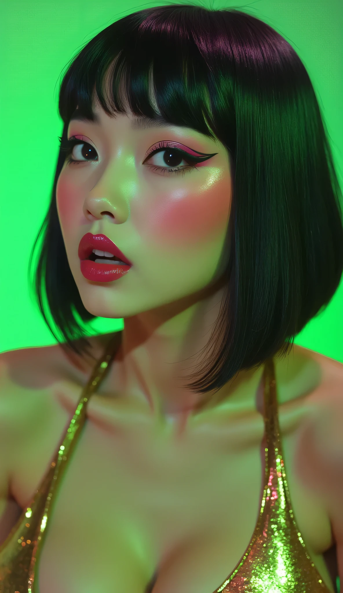 80’s glam rock makeup on shiny face, asian girl, anime, 2.5D, moody lighting, (green, pink, gold), pretty, sexy, minimal, sleek, slender, asian, elegant, futuristic, retro, sophisticated half human half machine, mouth open wide, Kizi，(eyes looking off to side), Highly detailed, Amazing work，Vitreous luster, blues, yellows, Best quality at best，shiny skin, no background, colorful background, green background, pink background, gold, background, plunging neckline, sexy pose, dynamic pose, heavy blushing, huge breasts, 