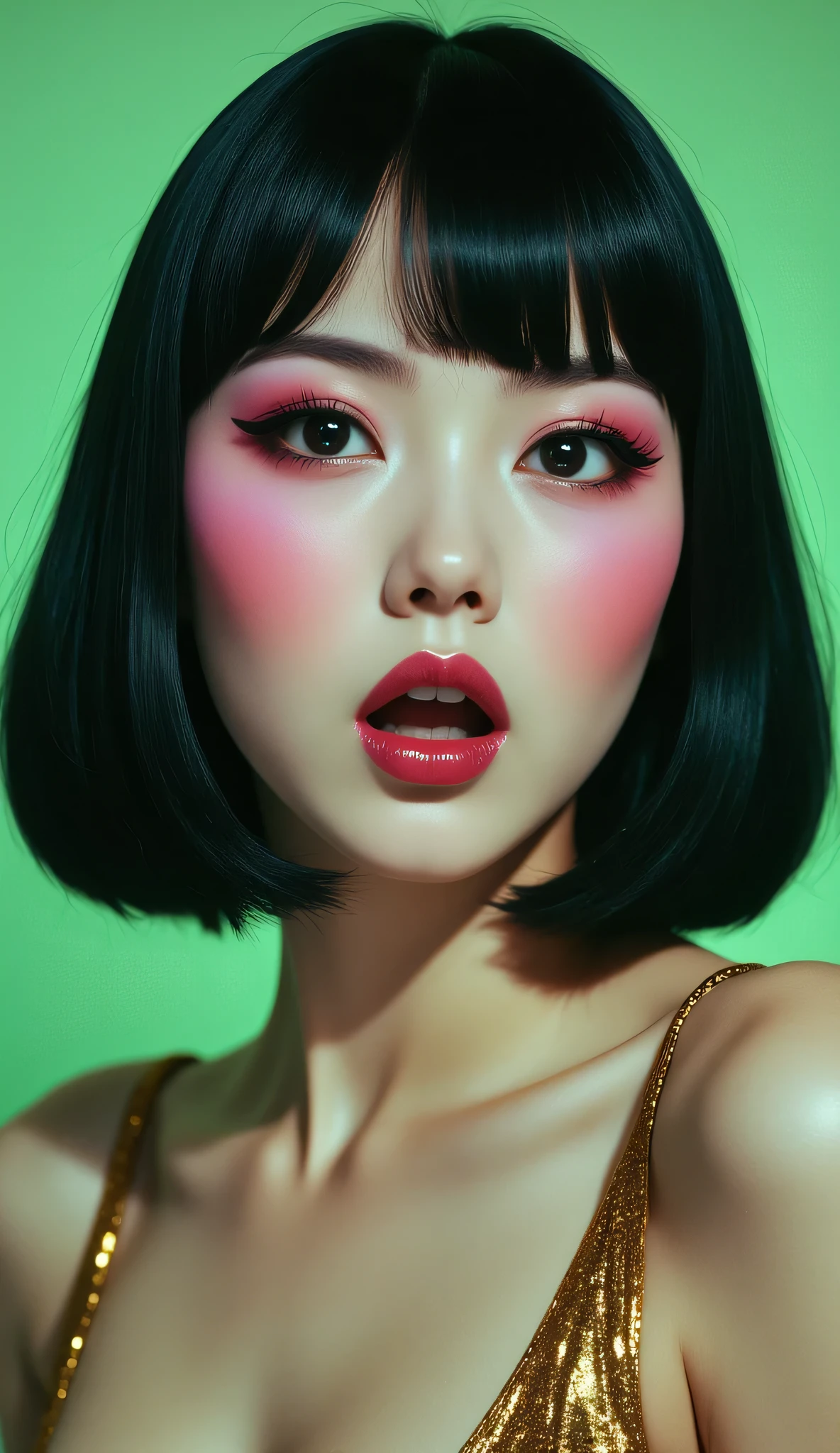 80’s glam rock makeup on shiny face, asian girl, anime, 2.5D, moody lighting, (green, pink, gold), pretty, sexy, minimal, sleek, slender, asian, elegant, futuristic, retro, sophisticated half human half machine, mouth open wide, Kizi,(eyes looking off to side), Highly detailed, Amazing work,Vitreous luster, blues, yellows, Best quality at best,shiny skin, no background, colorful background, green background, pink background, gold, background, plunging neckline, sexy pose, dynamic pose, heavy blushing, huge breasts,
