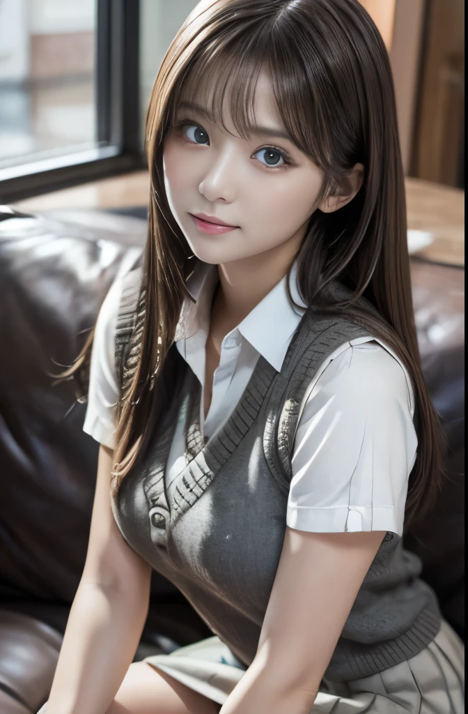 best quality , focus on face , Soft light, ultra high definition, Ultra Fine, ( photorealistic:1.4), 8K RAW photo,
one Japanese girl, Alone, cute, (Amber Eyes, light in the eyes ), detailed beautiful face, ( rich breasts), ( high-resolution human skin texture details ), soft and charming lips, (Long smooth hair ),
Sit on sofa,
school uniform, Charcoal Vest, skirt ,
(Upper thigh),
