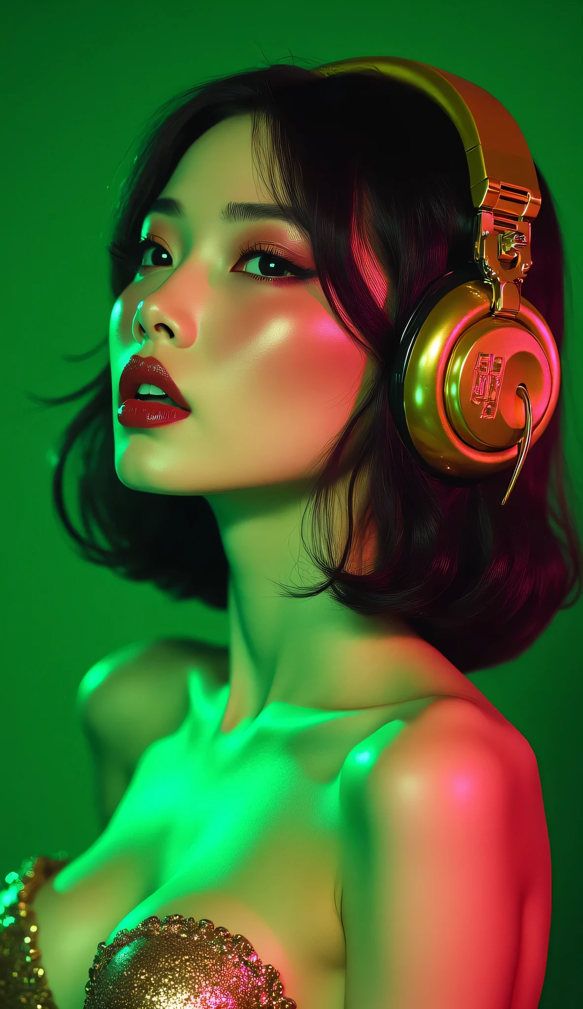 80’s glam rock makeup on shiny face, asian girl, anime, 2.5D, moody lighting, (green, pink, gold), pretty, sexy, minimal, sleek, slender, asian, elegant, futuristic, retro, sophisticated half human half machine, mouth open wide, Kizi,(eyes looking off to side), Highly detailed, Amazing work,Vitreous luster, blues, yellows, Best quality at best,shiny skin, no background, colorful background, green background, pink background, gold, background, plunging neckline, sexy pose, dynamic pose, heavy blushing, huge breasts,