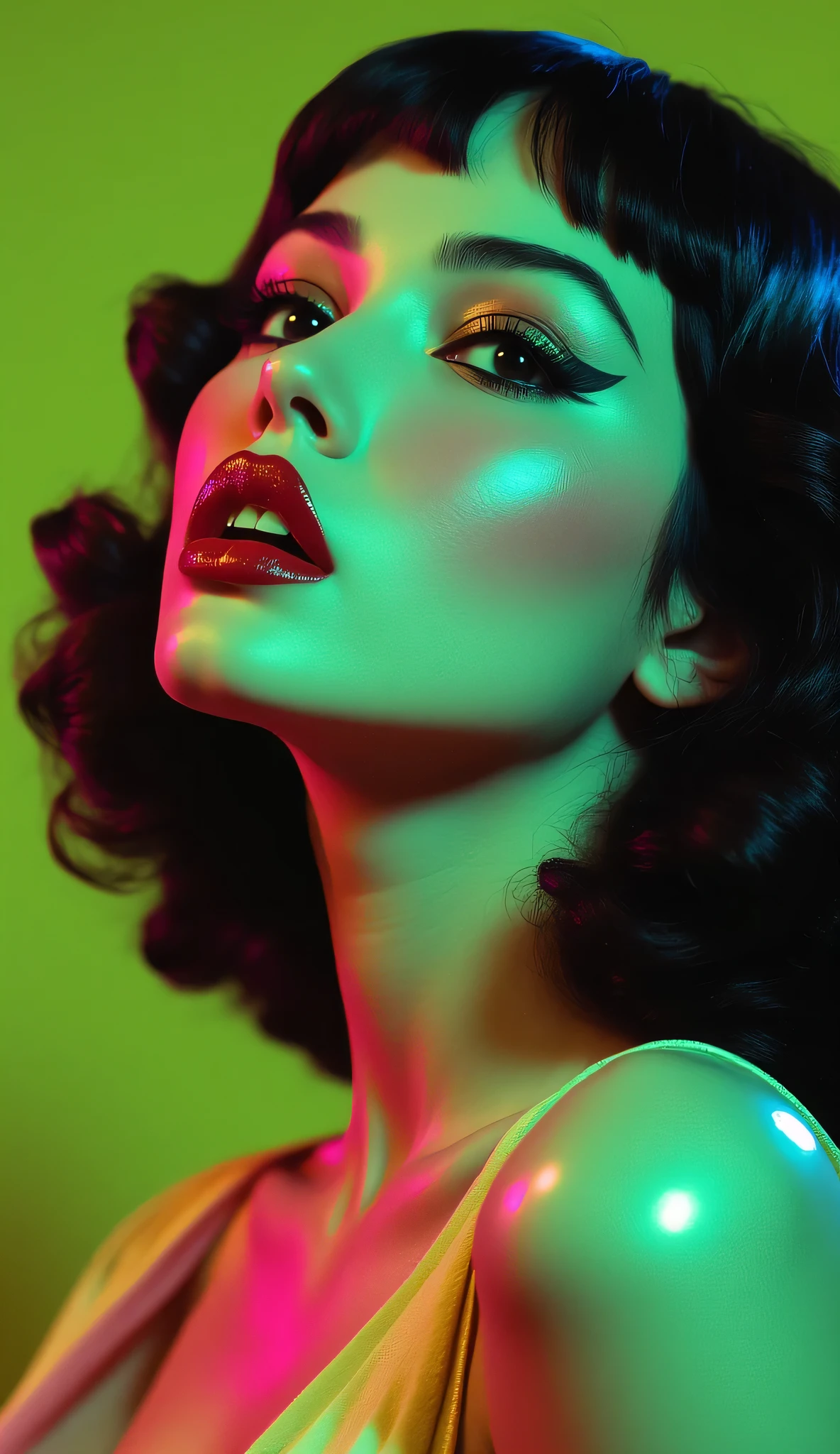 80’s glam rock makeup on shiny face, asian girl, anime, 2.5D, moody lighting, (green, pink, gold), pretty, sexy, minimal, sleek, slender, asian, elegant, futuristic, retro, sophisticated half human half machine, mouth open wide, Kizi,(eyes looking off to side), Highly detailed, Amazing work,Vitreous luster, blues, yellows, Best quality at best,shiny skin, no background, colorful background, green background, pink background, gold, background, plunging neckline, sexy pose, dynamic pose, heavy blushing, huge breasts,