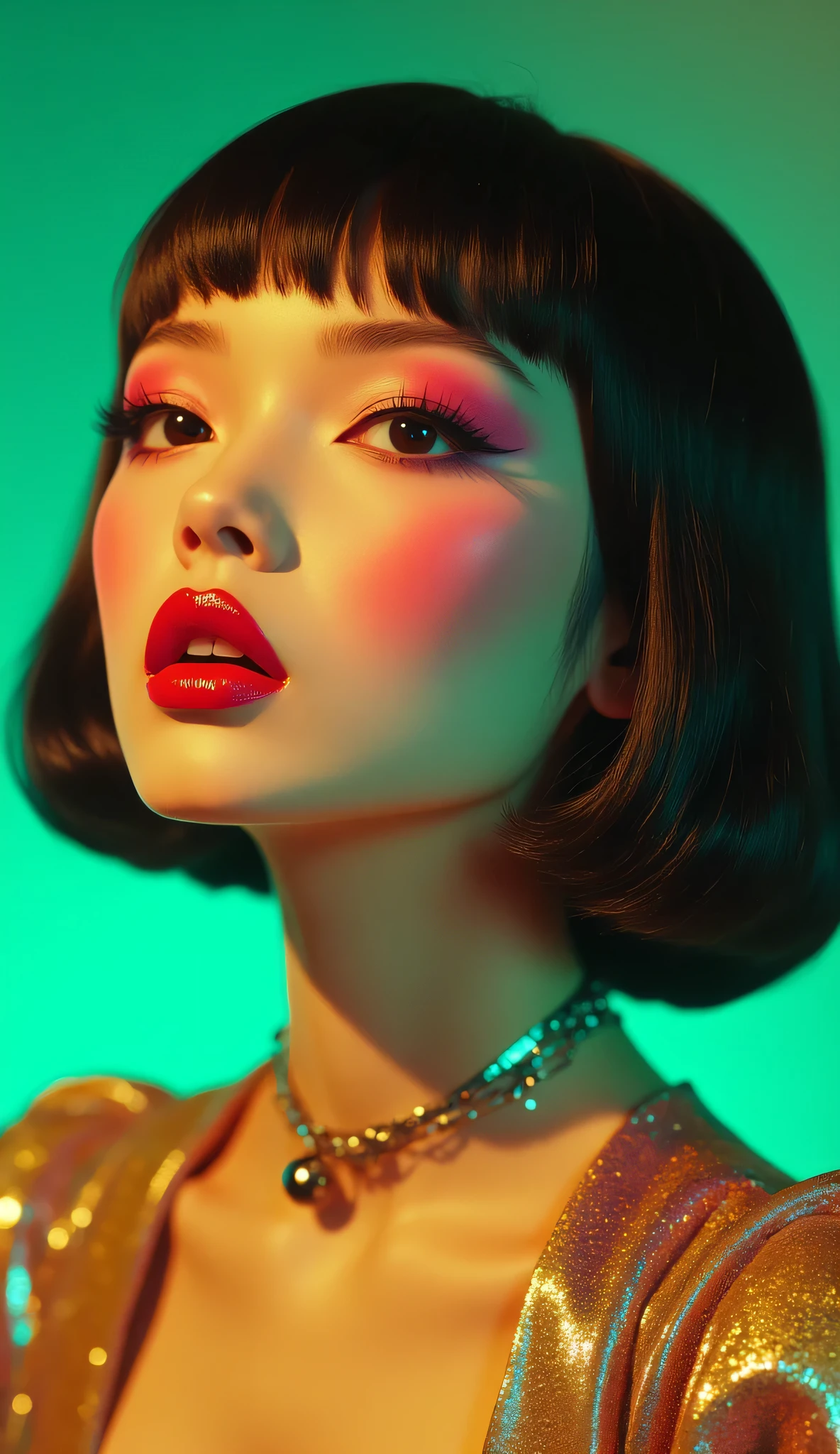 The image is of a woman with red lips，The style is a colorful sky、Neon color palette、beauty of simplicity、Glow shadows、sun-kissed palettes、smooth lines、Olympus，Latex and black leather，Snapshot style aesthetic、Mirror、webcam、whole body、clean