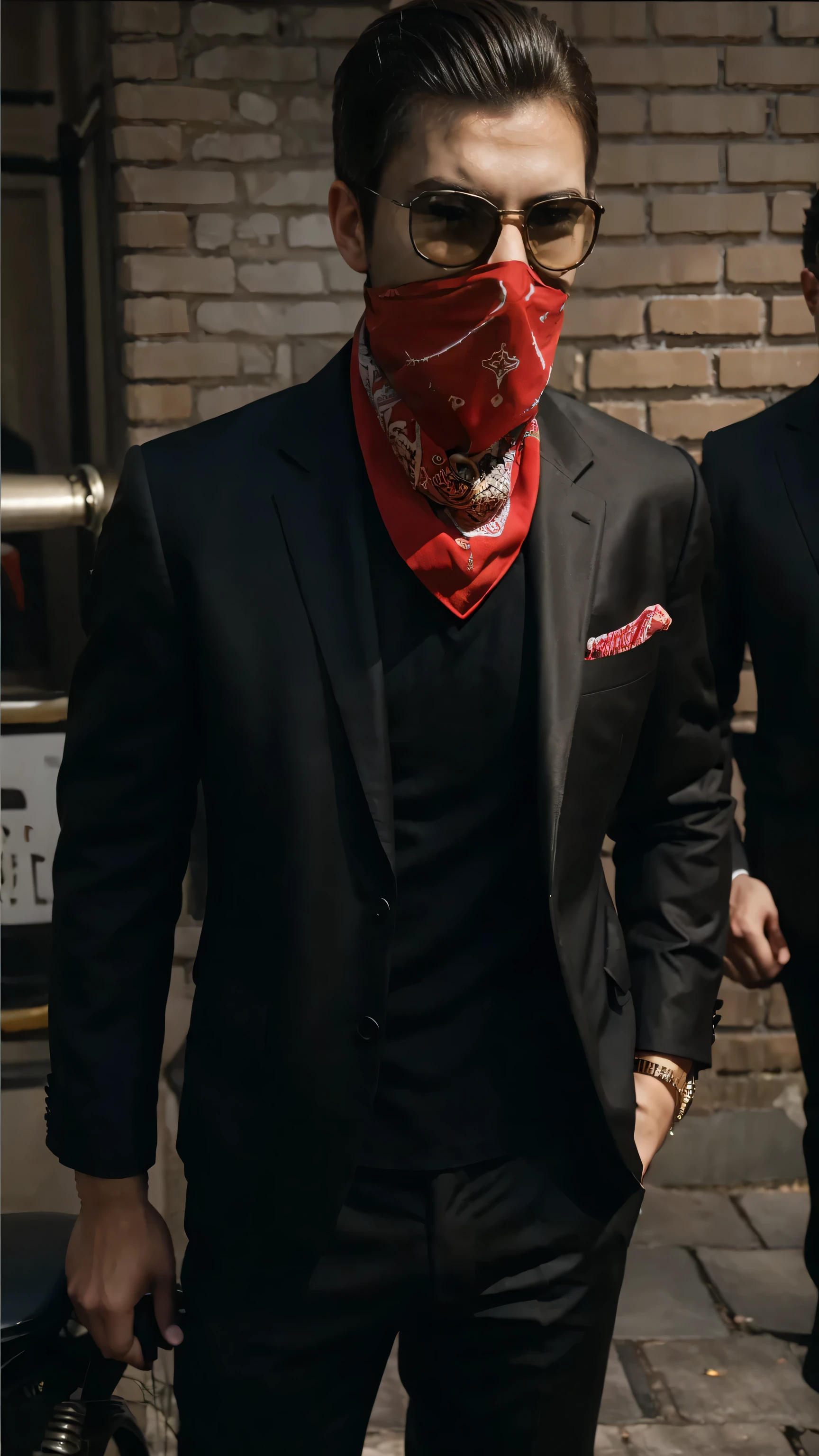 hansom young men in heated discussion standing near a restorent, standing with own new super motorbike and wearing Great mafia style clothes with urban background, , wearing stylish Red and black Bandana Mask, cool T-shirt,and costly black glasses, Handgloves, stylish costly shoes, costly cards prited blazers opend button, grown stylish hair cut, tall and healthy, muscular body, heavy muscles, attractive reach young men