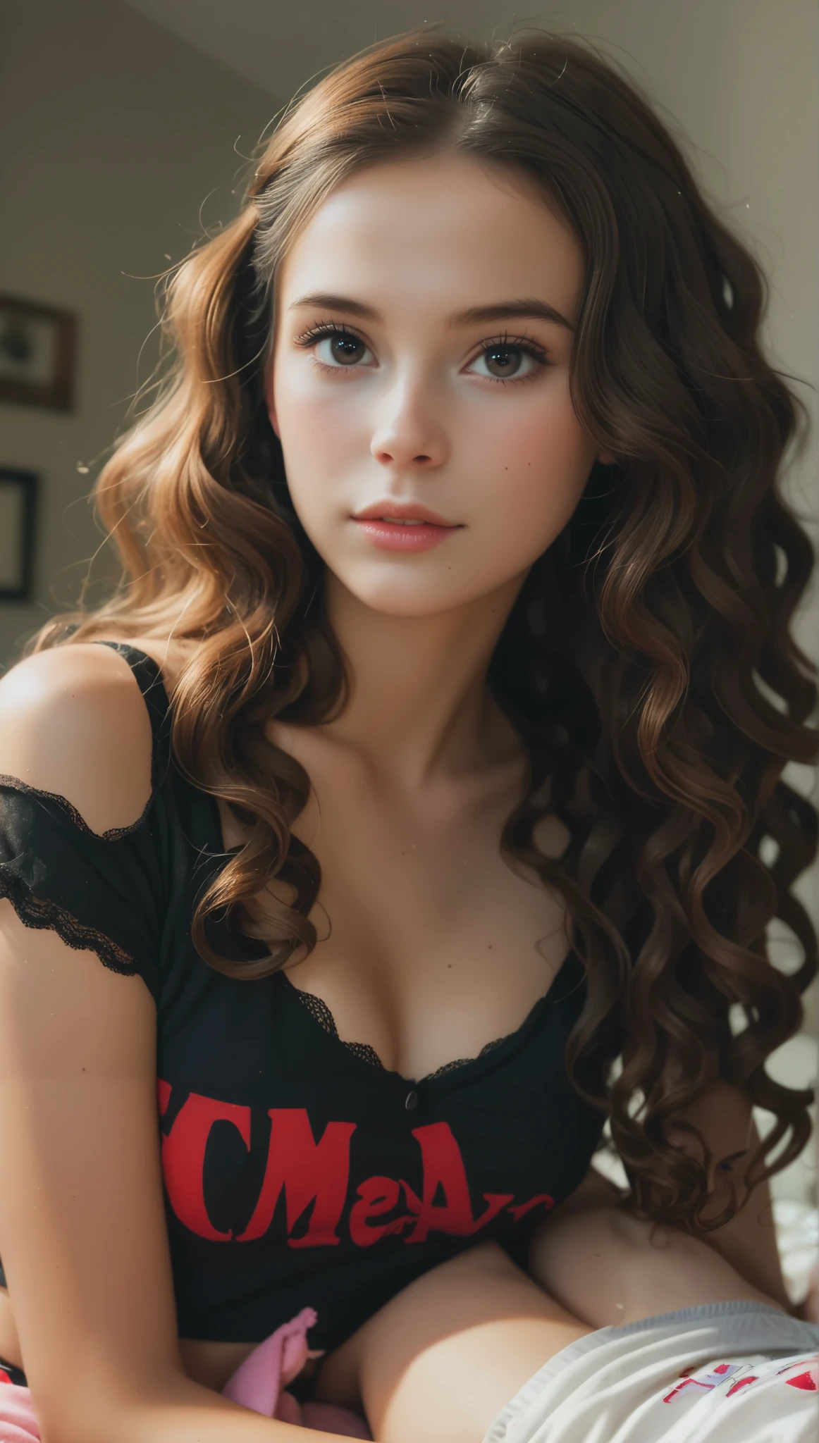 r +18, baby fahief and lust on her face , Black-eyed brunette , wavy hair, with very few clothes and very suggestive