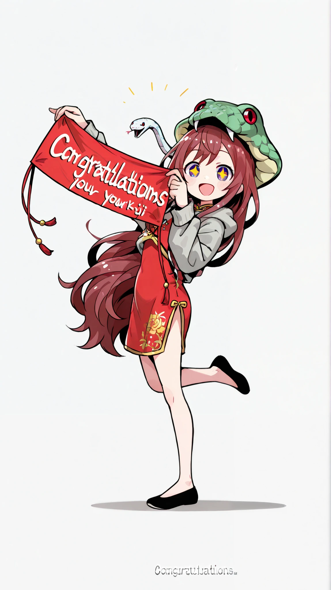 valbun, 1girl , 25-ji miku , project sekai, 1 Girl, pose, looking at viewer, full-body,
manga_The_wakaru _ shinryou _Naik_style, (((red chinese clothes dress))), hoodie sweater, (((snake hat))), 1girl , happy, smiles, open mouth, kawaii, (((hold banners))), both hand, full length, full body, Written_chinese_text " ((( congratulations on your hair )))" :1.6, chinese traditional, 2D, 3d, 80's Japanese illustration, a girl ,pop,cute, neon color , kawaii,colorful bullish expression, action pose,very complicated chaotic city, gigantic (masterpiece,hyper quality,ultra Thetailed,perfect shadow,ultra Thetailed sparkle eyes,ultra Thetailed Thelicate hair, complex and Thetailed background, natural contrast, natural saturation,gradation colors)