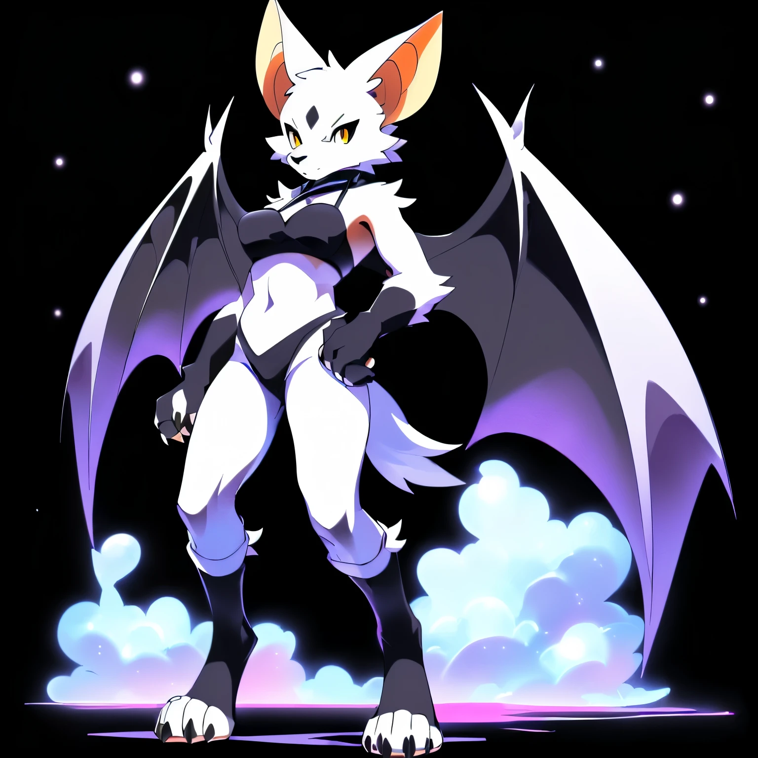 Anime, anime style, ((single person:2)), ((solo drawing:2)), ((solo:2)), ((three-quarter view)), ((Looking to the side)), ((female Anthro bat)), ((Tall figure)), ((buxom figure)), ((short white fur)), clawed hands, ((clawed paws)), ((Single Pair of Wings)), ((Huge Bat Wings)), ((Purple and black Bat Wings)), ((white bat ears)), ((wearing a black halter top)), ((white face)) exposed belly, ((neutral expression)), vivid golden eyes, ((digitigrade legs)), ((digitigrade feet)), ((solid black background)), highly detailed anime style, clean lines, white face, short white muzzle, white furry cheeks, white furry muzzle, ((wearing loose black pants)), ((white foot paws)), ((foot paws with four toes)), ((Claws on paws))