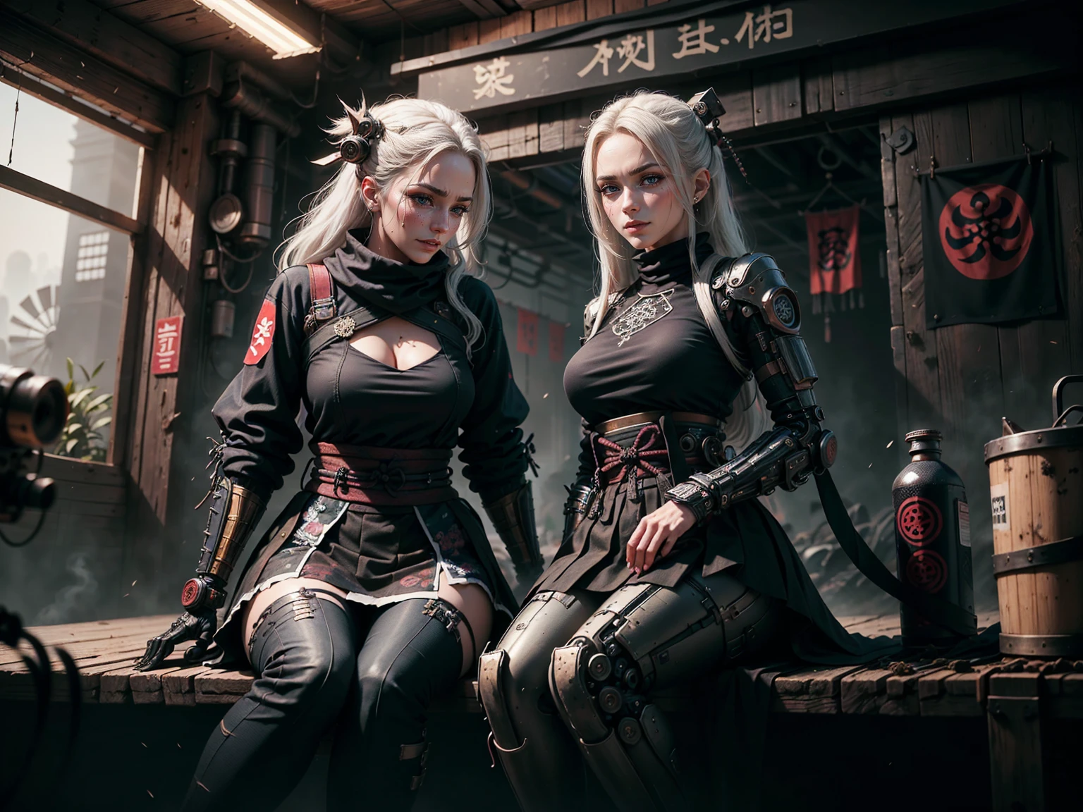Monks Shaolin and girl Cyberpunk whitehair