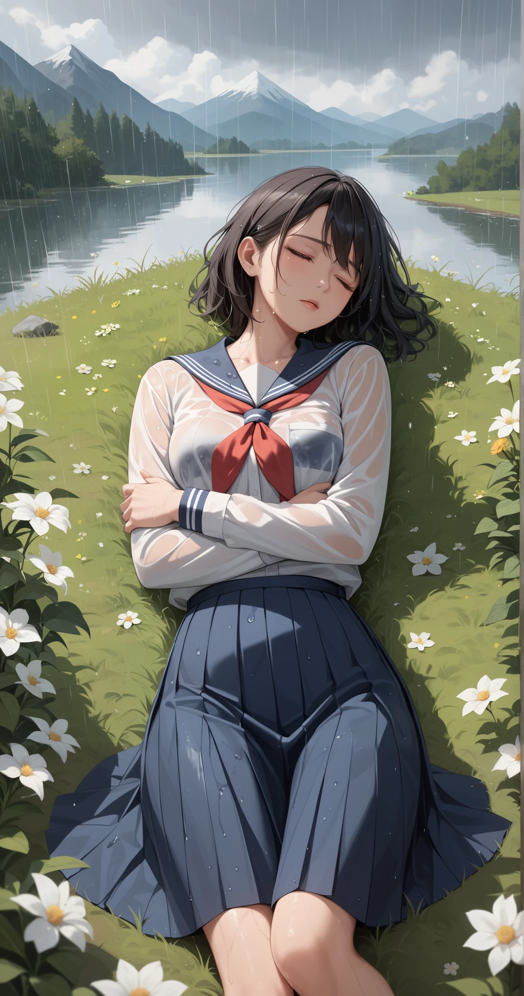 Score_9, Score_8_up, Score_7_up, Score_6_up, Score_5_up, Score_4_up, Source_anime, Tag1, Tag2, Quality_masterpiece , perfect features , perfect figure , Perfectly Detailed , Ultra Detailed , Ultra Highly Detailed , Ultra HD , Accurate , Masterpiece , Anatomically Correct , High Details , High Quality , Super Detailed ,, heavy rain, lying on the grass, head and body in the grass, flowers, heavy raining, mountain, river, dark sky, medium hair, black hair, closed eyes, sad, wearing a japanese high school uniform, wet uniform, wet skin, no house
