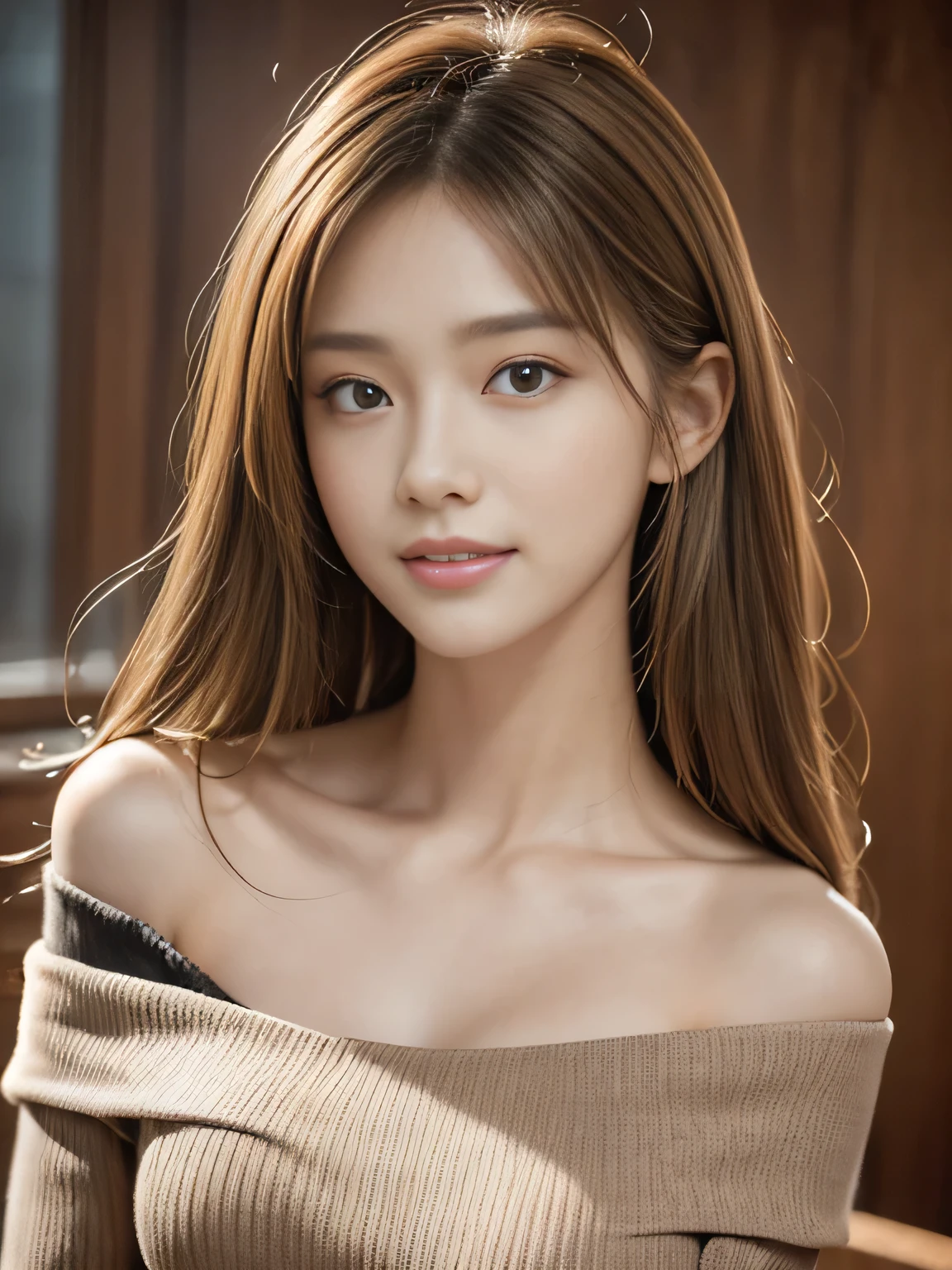 masterpiece, best quality, ultra-detailed, intricately detailed hyperdetailed, realistic, sharp features, highly detailed, sharp focus, (20 years old:1.3), perfect face, perfect symmetrically eyes, perfect full lips, hyper detailed, hyper realistic, high resolution, Fashion Model, Slender, Japanese Idol, (cute Face:1.2), Stylish, Realistic, Photorealistic:1.3, Beautiful Face, light brown hair, (seductive smile:1.2), (Long Sleeve Slim Fit Ribbed Tees:1.2), (Off Shoulder Tops),