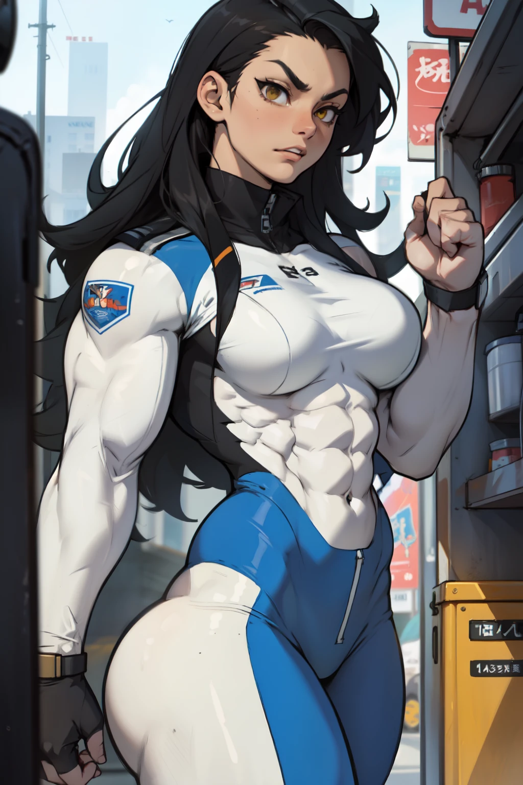 (((((((1 girl muscular))))))) angry yellow eyes black hair pale skin thick thighs (pilot suit) bodysuit solo standing shiny extremely long hair