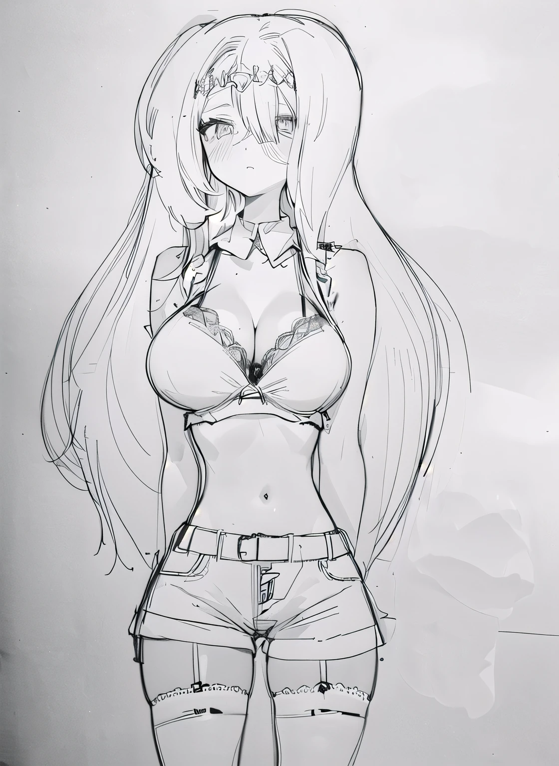 Drawing Lessons, top-quality, Poses, Correct anatomy, Beautiful body curves, Sketch beech, Daily Draw, vestments, Pencil、black-and-white、monochromes、Granblue Fantasy、Hair falls on the shoulders