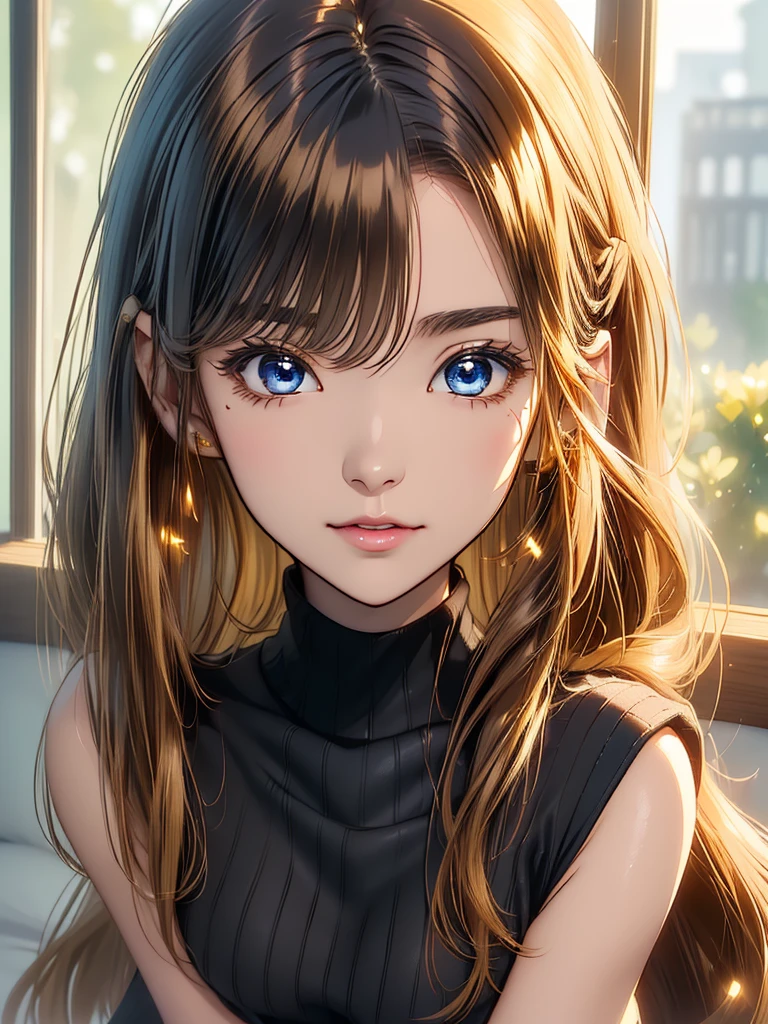 (best quality, highres, ultra-detailed eyes, close-up portrait), cool adult woman, older sister type, elegant, confident, long hair, swept-side bang, [[[brown hair]]], blonde hair, brown eyes, blush, street scene, walking, stylish clothes, cleavage, ultra-detailed, vibrant colors