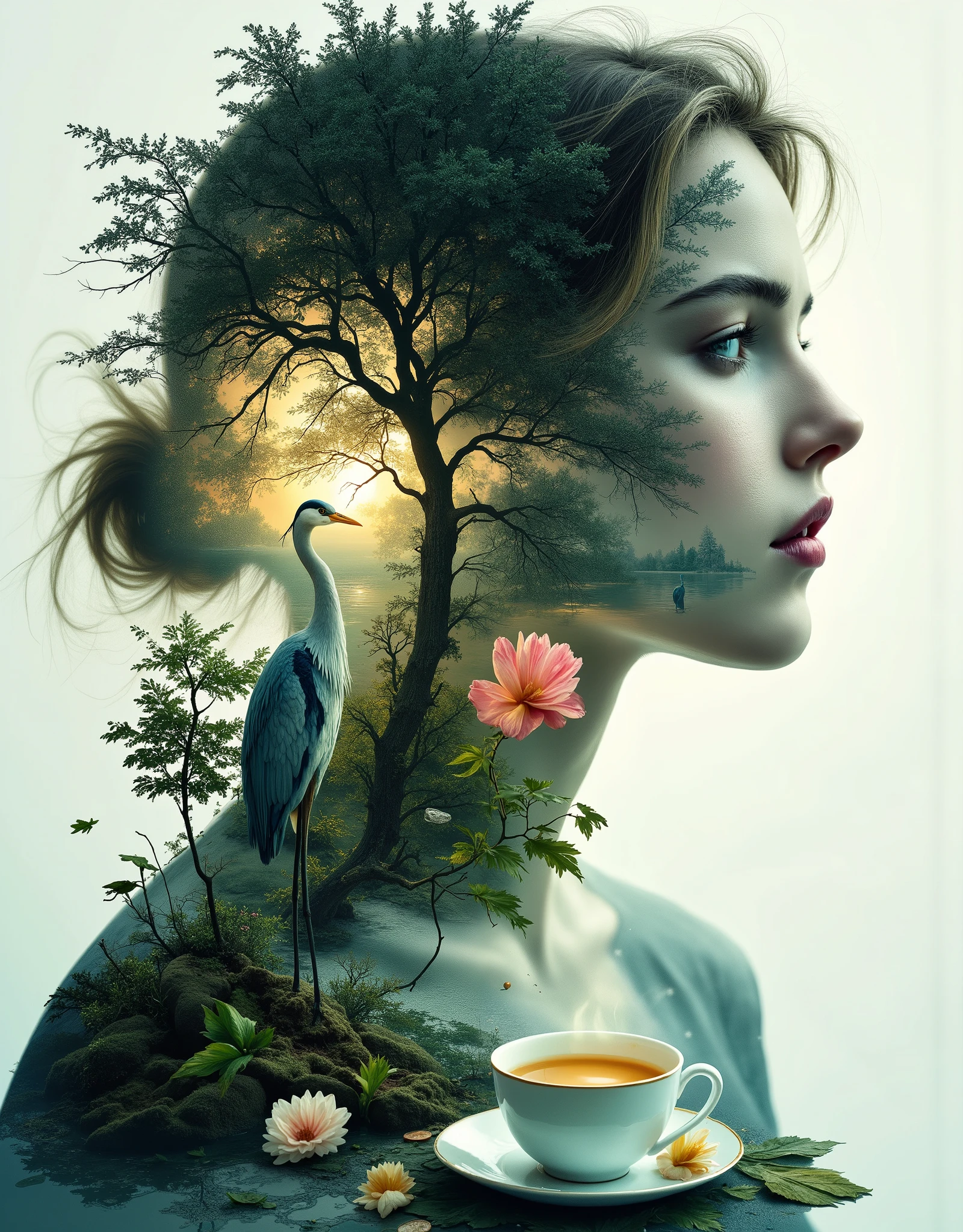 Beautiful girl integrated with a strange landscape, a heron standing in water, a cup of tea superimposed by a flower, all combined in a hyperrealistic digital painting styled after Jerry N. Uelsmann and Meret Oppenheim, featuring a multi-exposure effect to evoke melancholy, love, surrealism, and mysticism, following the ideal composition principles for double exposure, captured in a digital photographic art that might be a winner of photo exhibitions, perfect composition, beautiful detailed intricate insanely detailed octane render trending on artstation, 8 k artistic photography, photorealistic concept art, soft natural volumetric cinematic perfect light, chiaroscuro