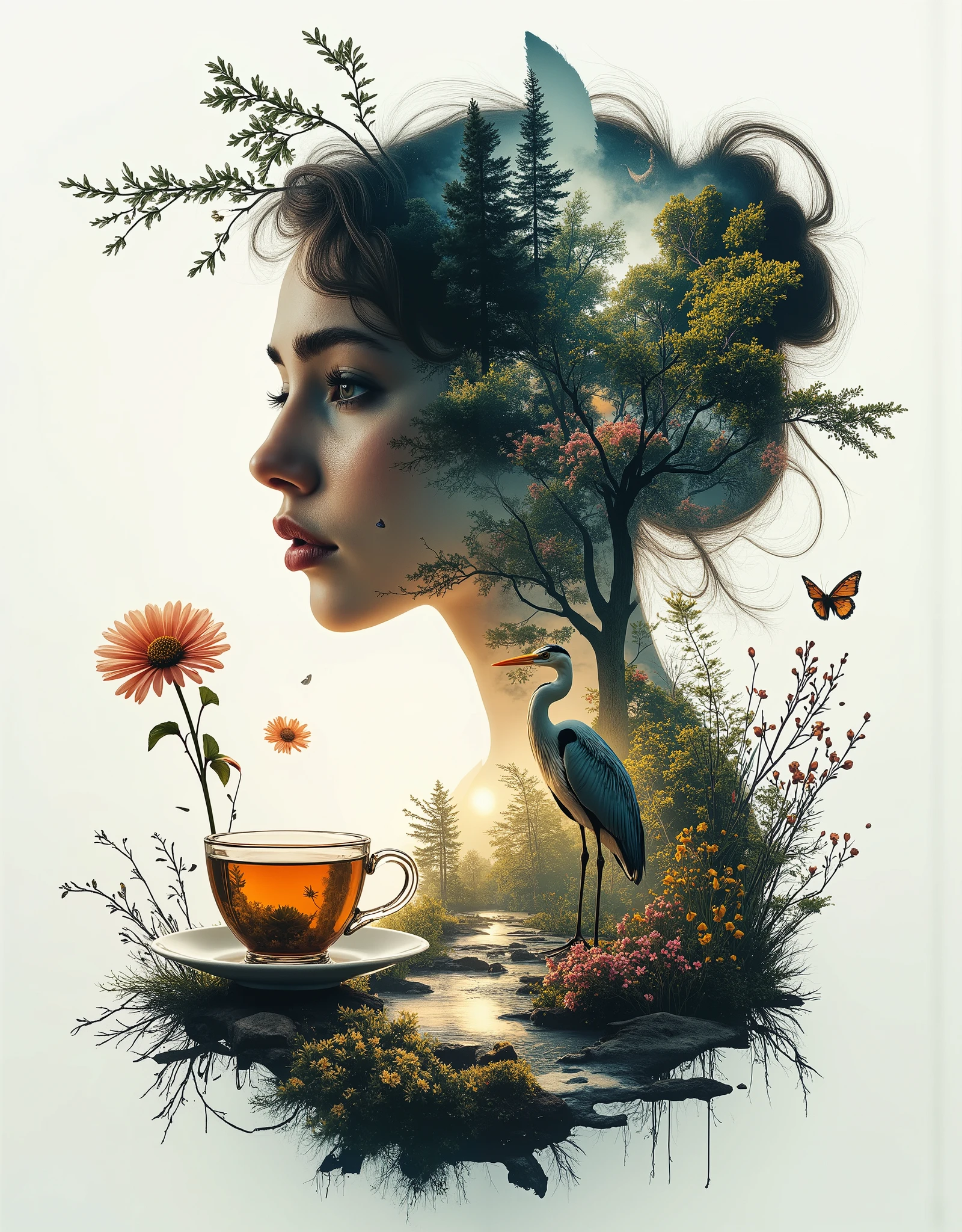 Beautiful girl integrated with a strange landscape, a heron standing in water, a cup of tea superimposed by a flower, all combined in a hyperrealistic digital painting styled after Jerry N. Uelsmann and Meret Oppenheim, featuring a multi-exposure effect to evoke melancholy, love, surrealism, and mysticism, following the ideal composition principles for double exposure, captured in a digital photographic art that might be a winner of photo exhibitions, perfect composition, beautiful detailed intricate insanely detailed octane render trending on artstation, 8 k artistic photography, photorealistic concept art, soft natural volumetric cinematic perfect light, chiaroscuro 
