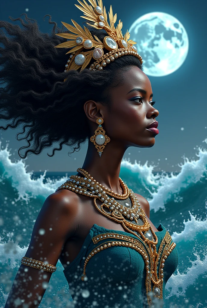"A serene and majestic depiction of Iemanjá, the Yoruba orixá of the sea and mother of all orixás. She is portrayed as a beautiful and regal African woman, adorned in flowing blue and white robes, symbolizing the ocean waves. Iemanjá is surrounded by the sea, with gentle waves lapping at her feet, and a crown of pearls and seashells adorning her head. The background features a tranquil ocean scene with a setting sun casting a golden glow on the water, highlighting her nurturing and protective nature. The scene is peaceful and radiant, reflecting her role as the mother and protector of life."