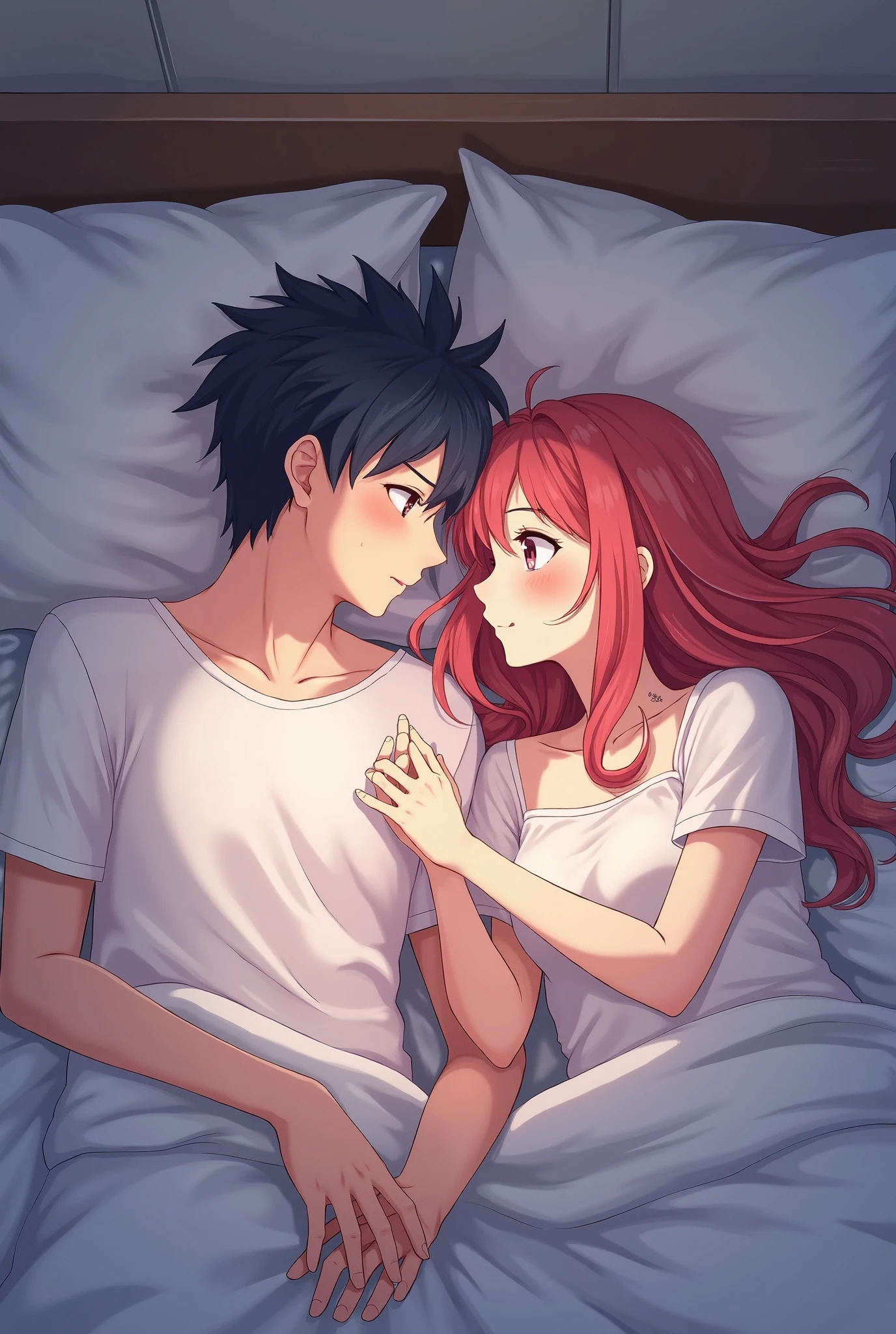 A picture Anime husband and wife lying in the bed without any clinging  and touching. there are some distance have between them. 
Husband  have Black hair and wife have red hair and they have light skin. (2D picture)