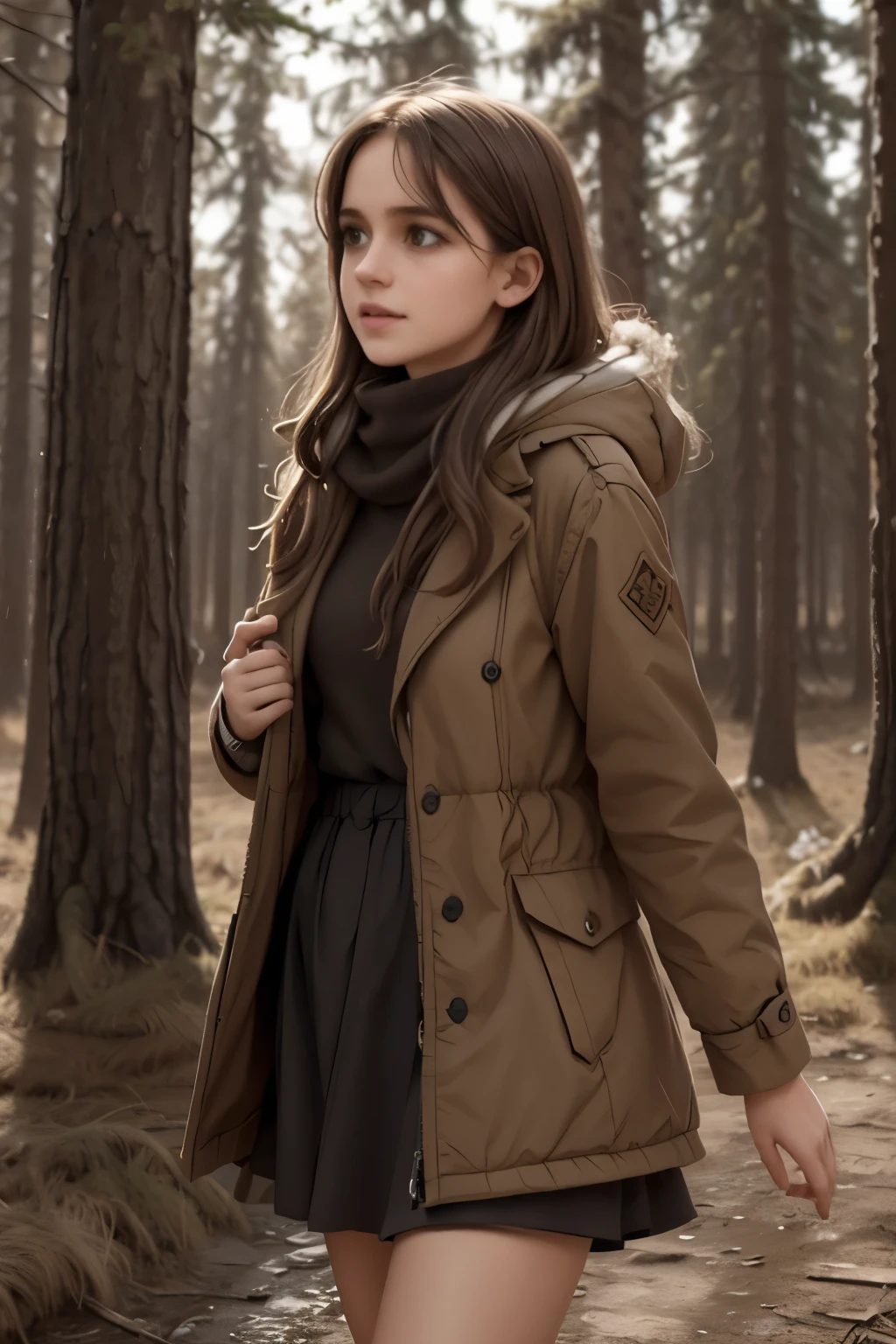 (dynamic angle:1.1), (cute face:1.2), dark sky, (nighttime:1.2), (rainy weather:1.2), detailed skin texture, furry, looking to the side, volumetric light, masterpiece, best quality, intricate details, subsurface scattering, young girl standing next a wolf, in the forrest