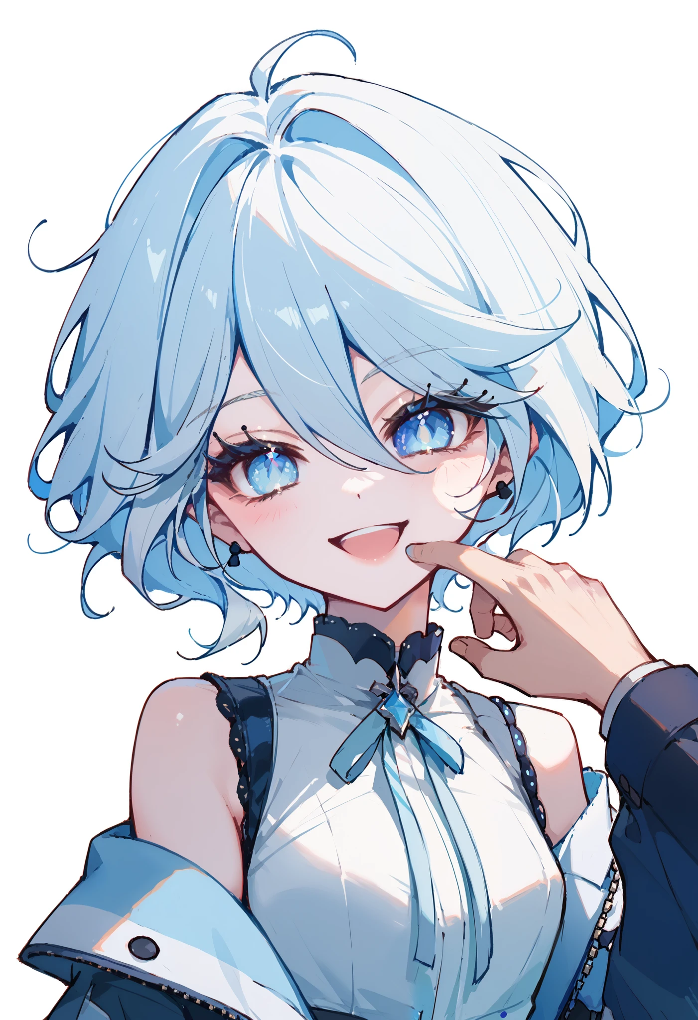 masterpiece, (最 High Quality ), ( High Quality )、 With a quiet waterside in the background,  1 girl, White Hair、 light blue mesh 、 light blue and blue eyes 、Drop-shaped pupil , (change:0.9), smile, Bow、 Depth of Subject , cute boy,  Best Body ,  blanking,  high resolution, 4K,  best upscale ,