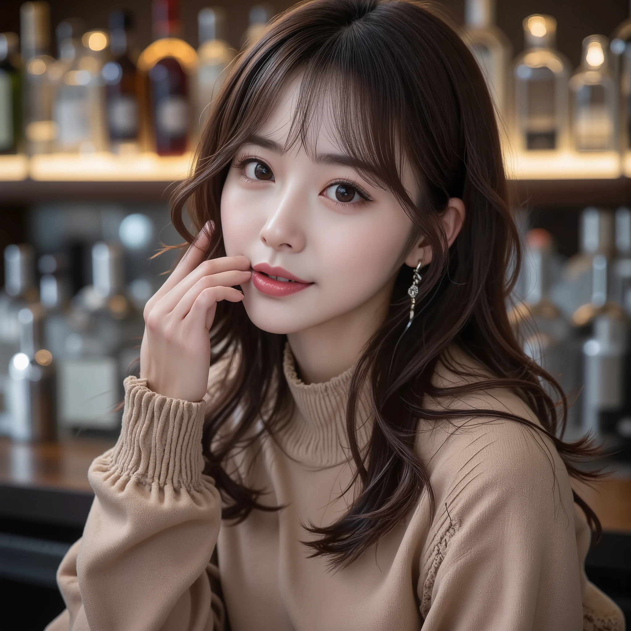 ( best quality 、 super A high resolution、​masterpiece:1.3)、 tall and beautiful woman 、 long eyelashes ,   medium hair、With bangs ,  long eyelashes ,  Open Lips,  surrealism,  drop shadow , Anaglyph, Verism,  depth of field, backlit, Expose F/1.2,  more details, Accurate,  best quality ,  NFSDW, masterpiece,  Detailed Moisturizing Eyes ,  Textured Skin,  Wet Skin ,  best quality , In 8K, Blurred Background, (( big breasts、 Slim waist,  Thin Thighs:1.1, Long legs)), (Colossal ),  natural color lip,  laughs,  perfect style young woman,  bar counter, ,  tight dress, 