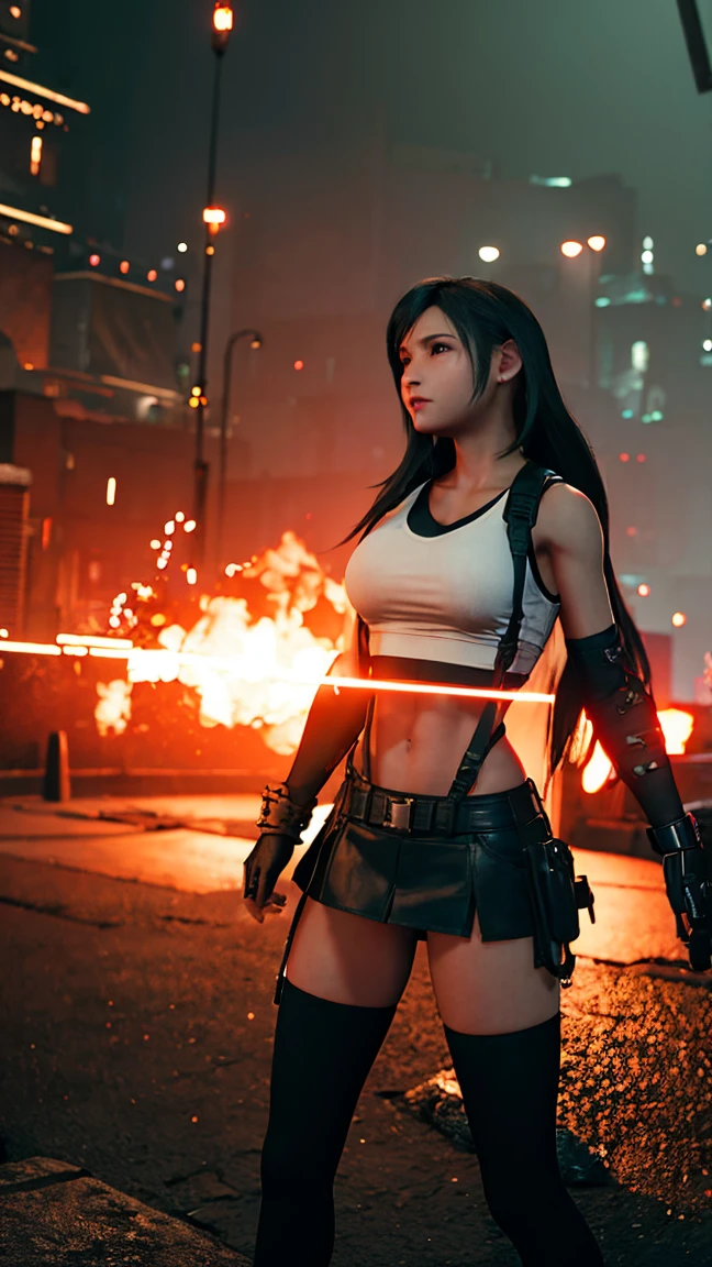 (Tifa Lockhart:1.4), mksks style, (Modern witch:1.4)(Highly detailed background:1.0), (Highly detailed background:1.0), Final Fantasy VII original, (Red eyes), One girl, Black Hair, (modern witch's costume:1.3), (fantasy-theme:1.4), (Around burning fire:1.6),