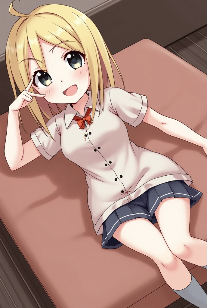high quality, the masterpiece (one girl) blonde. sly eyes. Dark bows. ponytails on the hair. grey eyes. White shirt. Red vests. long bangs. grin. closed mouth
, shows bare feet, In the background of an ordinary home room