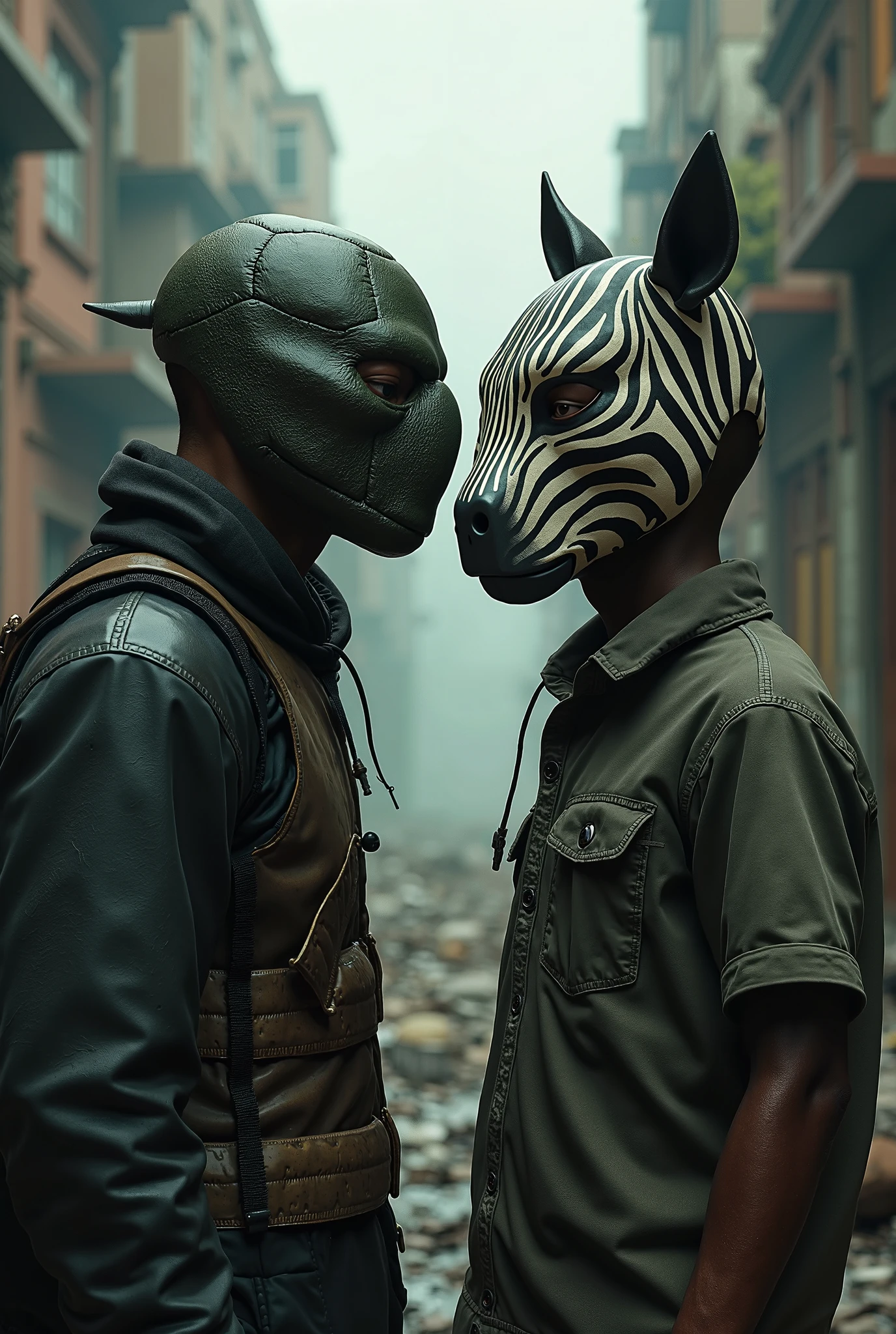Make a man with a turtle mask with a dark-skinned boy with a zebra mask