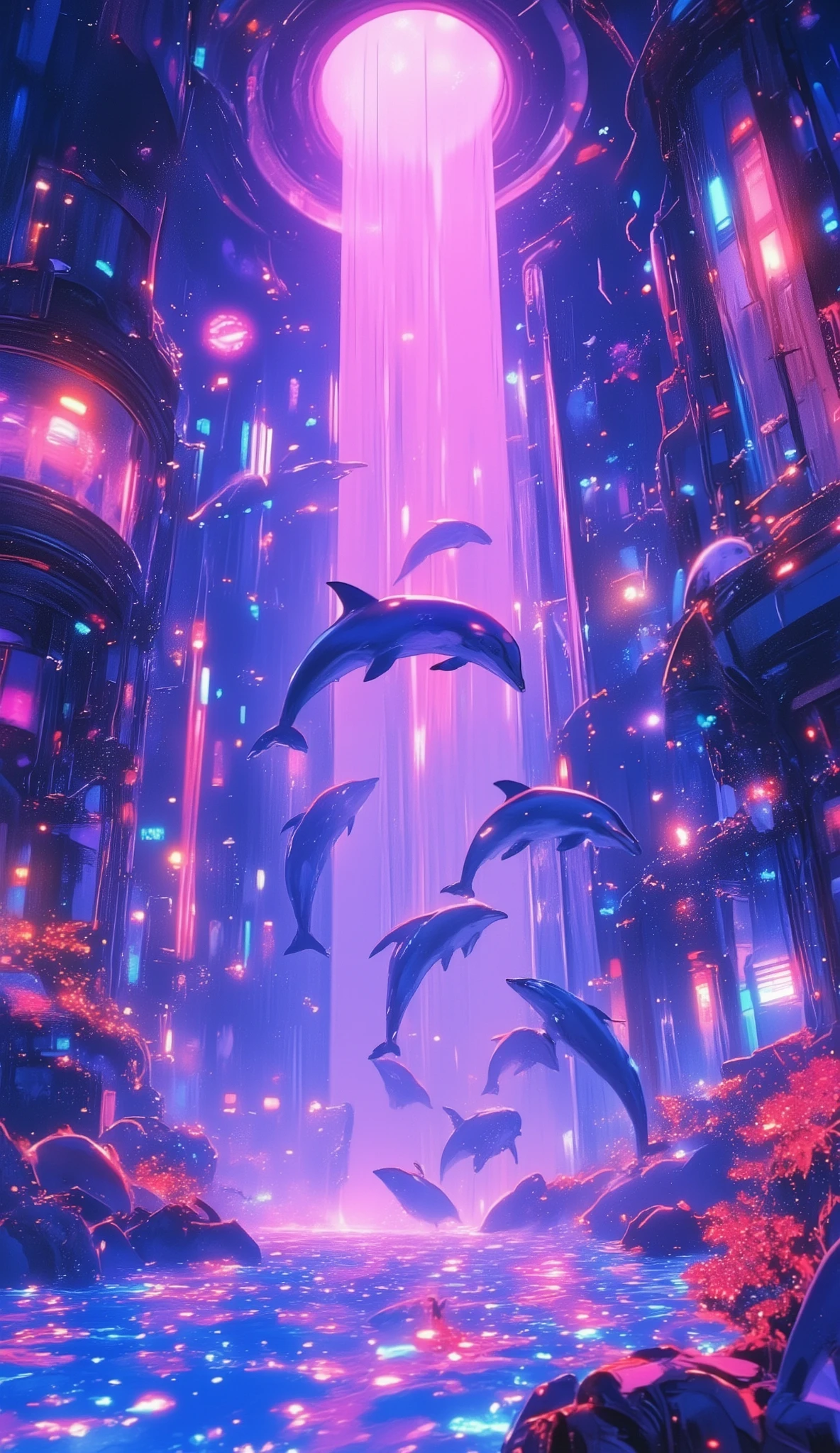 Create an illustration featuring a group of dolphins leaping gracefully from the water within a futuristic, cylindrical aquarium. The scene is illuminated by vibrant pink and purple lights that cast a glow on the dolphins and the thousands of small, luminescent particles floating in the air. The architecture of the aquarium is intricate with metallic structures and transparent surfaces showcasing an advanced, sci-fi aesthetic.”