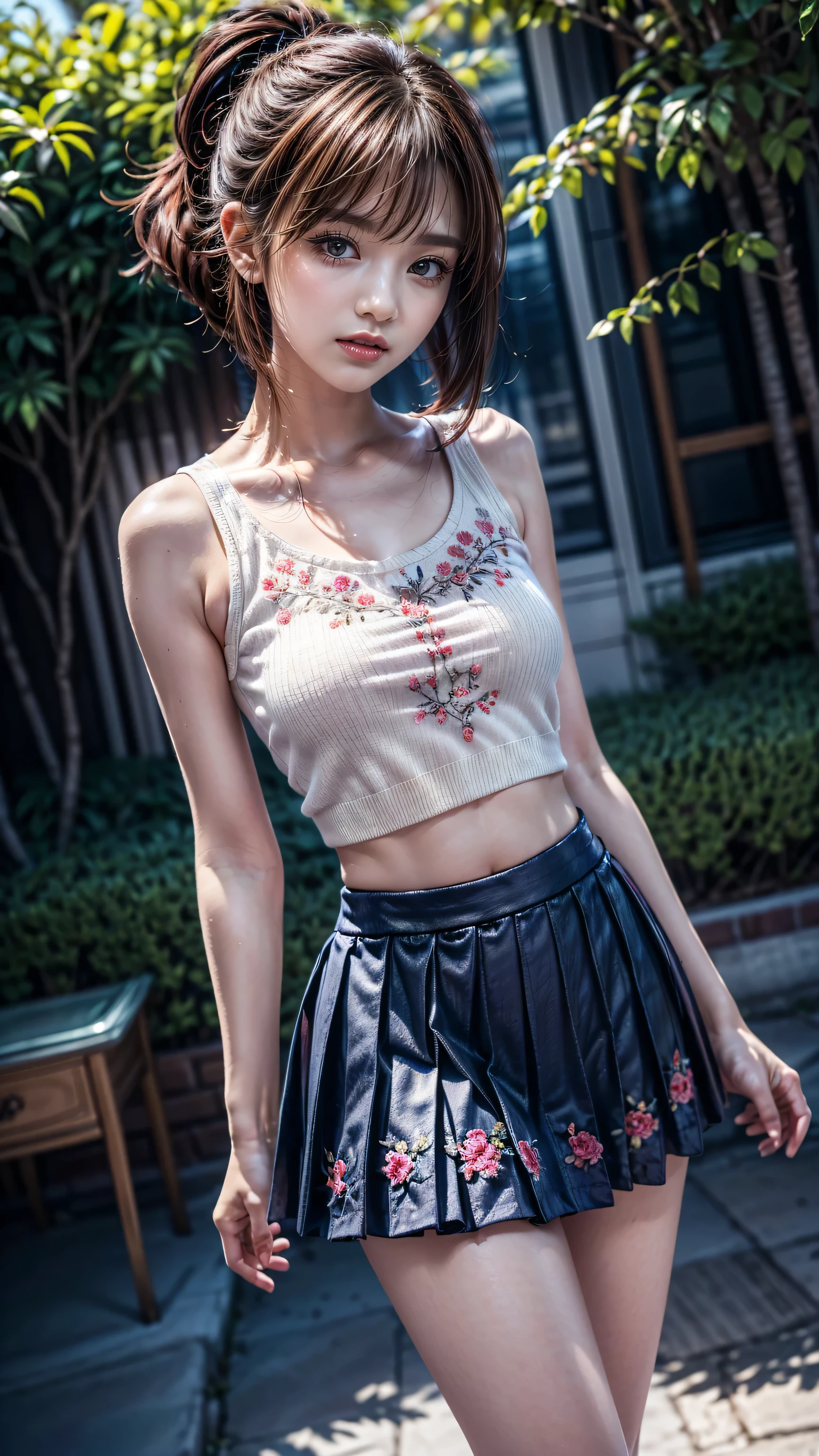 Realistic,(photorealistic Realism),((high resolution)),((intricately detailed digital art)),(best quality),(realistic texture details: perfect skin, smooth skin, (without folds and dents:1.28)),(professional photography), detailed background 、 fisheye lens,young、very ************* girl , brown hair 、*********,Glass, bob cut 、 Ponytail vaginal bleeding 、 flat chest:1.3、 Very high , Figure Temptation :1.3, very thin thigh,very short legs,bright colored sailor suit、 ((navy blue pleated mini skirt)) 、 (white knee-length socks) ,belly button、(Floral embroidered tanktop)、 Laugh playfully、smile、 small and cute , Please Raise Your Skirt , School Bags , fallen leaves Vaginal discharge,Strong winds, Irony ,
