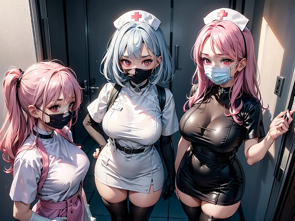 ((Three girls)),3girl,1 boy,((Best Quality)),(Ultra-detailed),8k,(extremely detailed CG unified 8k wallpaper),Highly detailed,High-definition raw color photos,Professional Photography,blonde hair,Amazing face and eyes, amazingly Pink eyes,(Very White nurse uniform with open breast),very pink long glove,(((beautiful big arround ass))),(((pink skirt no panties))),(((very lots sperm fluids from ass))),(white long socks),front view