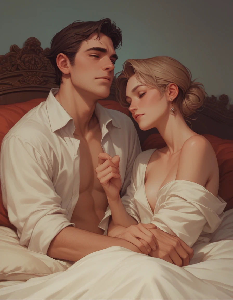 a billionaire and his wife, a man in his late 30s and a woman in her early 20s sitting in a bed together 