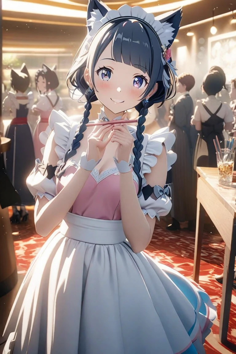 (superfine illustration:1.2),(masutepiece, 8K), (Best Quality, High quality:1.4), portlate、((Super Pastel)),Perfect Anatomy, Hyper Detailed, ultra-detailliert,masterpiece background,beautiful detailed background, V8K Wallpapers,perfect design, 1girl in, Solo, (Singing and dancing:1.4),(Confetti:1.4),(One-handed microphone)、)(Outstretched arms,slender, Very short sleeves,Pink hair,maid, Outstanding smile、frombelow, Cowboy Shot:1.2), (lightsmile, Open mouth, 17 years old, Pink hair, (Super long hair,Twin-tailed), Blue eyes, Blue eyes, Black blouse, Short sleeves, maid apronl, white maid apron, Long black trousers, Long pants, long boots, Slender girl), (Inside a coffee shop in a fantasy world of medieval Europe)、(dynamic motion)、