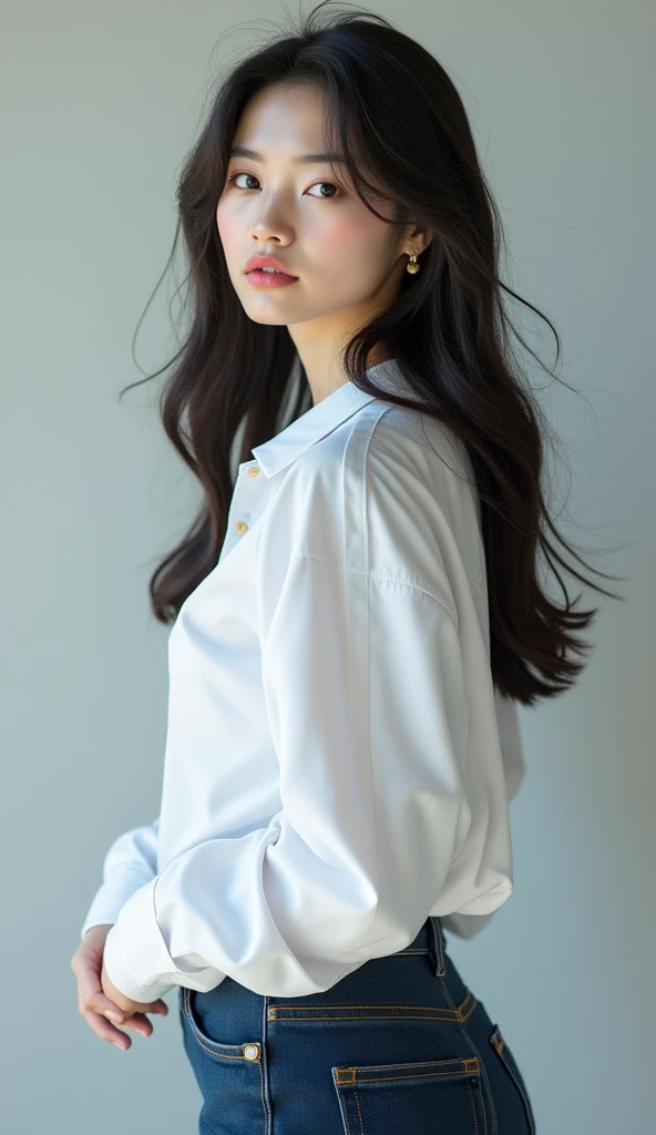 Gray background、pubic hair、Large Breasts、Thighs、Red lipstick、Curly Hair、Disheveled Hair、Cute woman、high school girl、White shirt、Navy blue mile、Open chest shirt、Watching from behind、Butt、One Woman、Gazing at the sea、