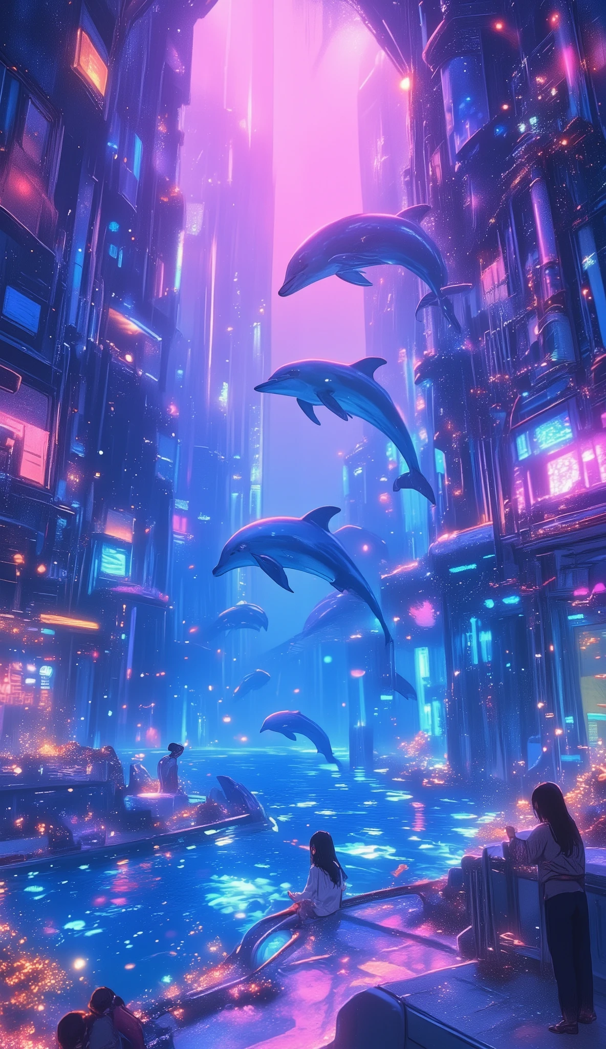 Create an illustration featuring a group of dolphins leaping gracefully from the water within a futuristic, cylindrical aquarium. The scene is illuminated by vibrant pink and purple lights that cast a glow on the dolphins and the thousands of small, luminescent particles floating in the air. The architecture of the aquarium is intricate with metallic structures and transparent surfaces showcasing an advanced, sci-fi aesthetic.”