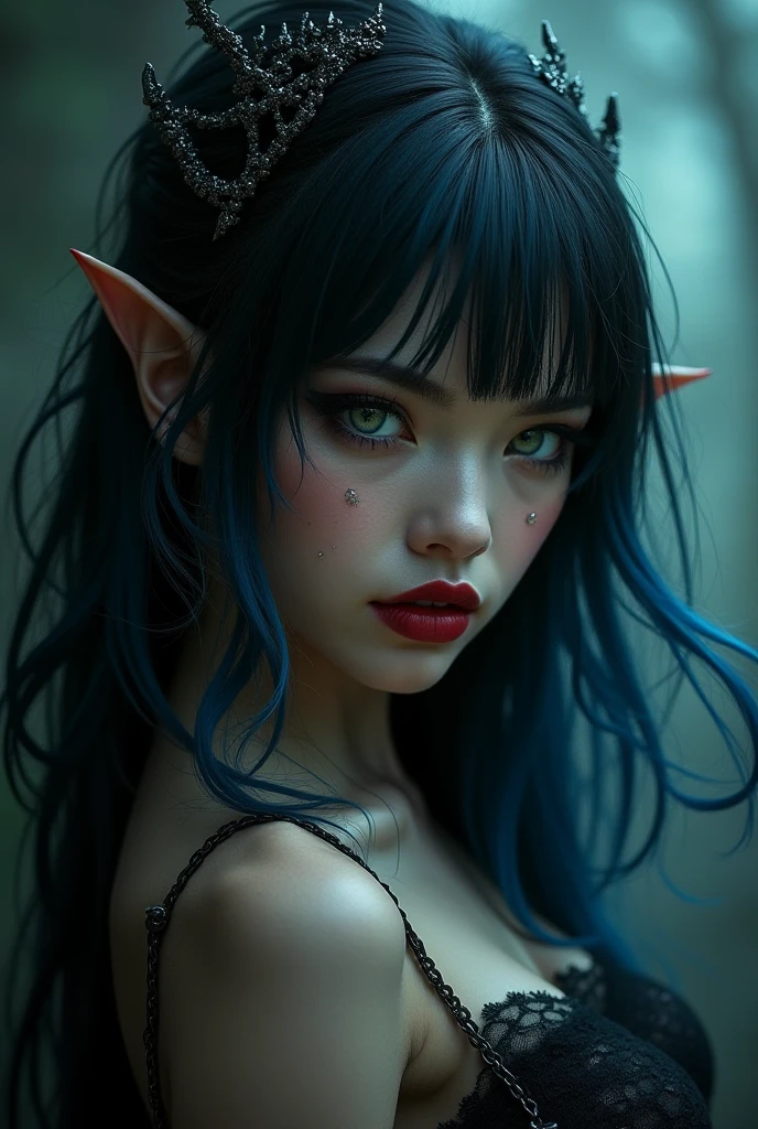 a portrait of an goblin girl with freckles and bright striking blue eyes posing for a photo, thick legs, muscular, fit, defined abs, full body, thong, white freckles, long flowing green hair flying, portrait, beautiful pale makeup, color portrait, stunning portrait, elegant freckles, wearing black thongs, black gloves, starshine, gold dust spread across the skin and face, walking. (dark, hyper-realistic photos (((portrait))) of glass refraction 1vase, background of magical night forest, deep woods, starlight skies, soft cinematic light, soft tones, insane details, intricate details, suitable for viewing in public places, perfectly
