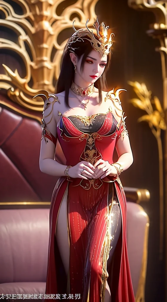 "An extremely beautiful queen,(best quality,4k,highres,masterpiece:1.2),ultra-detailed,(realistic,photorealistic,photo-realistic:1.37),beautiful queen,naked,sparkling crown,colorful gemstones,golden scepter,elegant pose,nude,soft lighting,vibrant colors,delicate facial features,long flowing hair,big and round breasts,black eye pupils,The big, round platinum eyes are beautiful and super detailed,red and detailed makeup eyebrows,mouth closed tightly,dreamy atmosphere,the most perfect body,ethereal beauty,proud expression,clasped the queen's hands behind her back,strikingly graceful,lovely and charming,attention to detail,regal and majestic,fairytale-like ambiance,1 girl, 1 alone,full body", looking at viewer