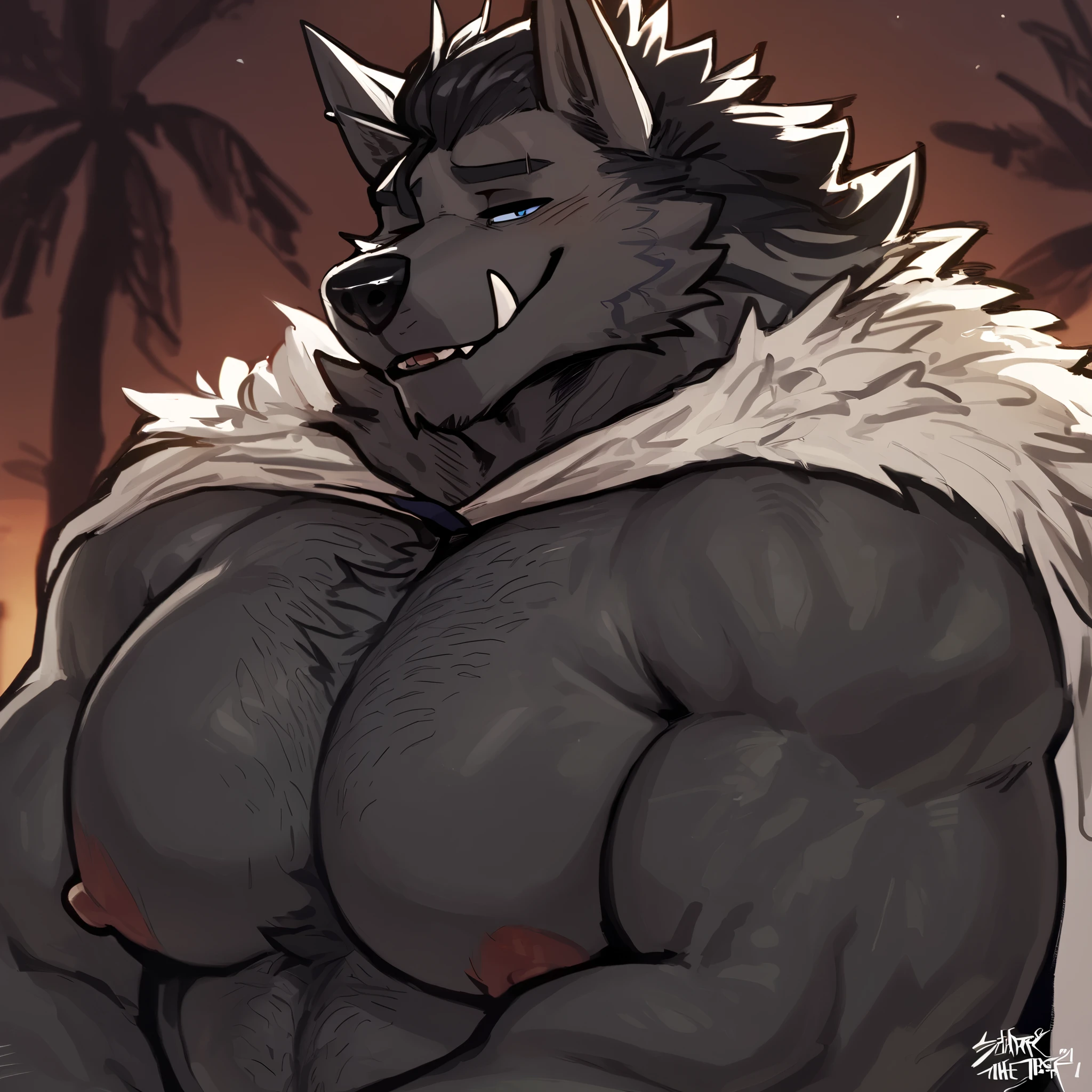 furry black wolf, Blade from elden ring, black hair, very large pecs, strong physique, very muscular, perfect anatomy, masterpiece, strong jaw, giant biceps, shirtless, hairy pectorals, solo, great lighting, cloak, palms squeeze his chest, smiles lustfully, chest close-up, by bebebebe, by ZIXiong, by zackary911, by SligarTheTiger, by RED8EAN,