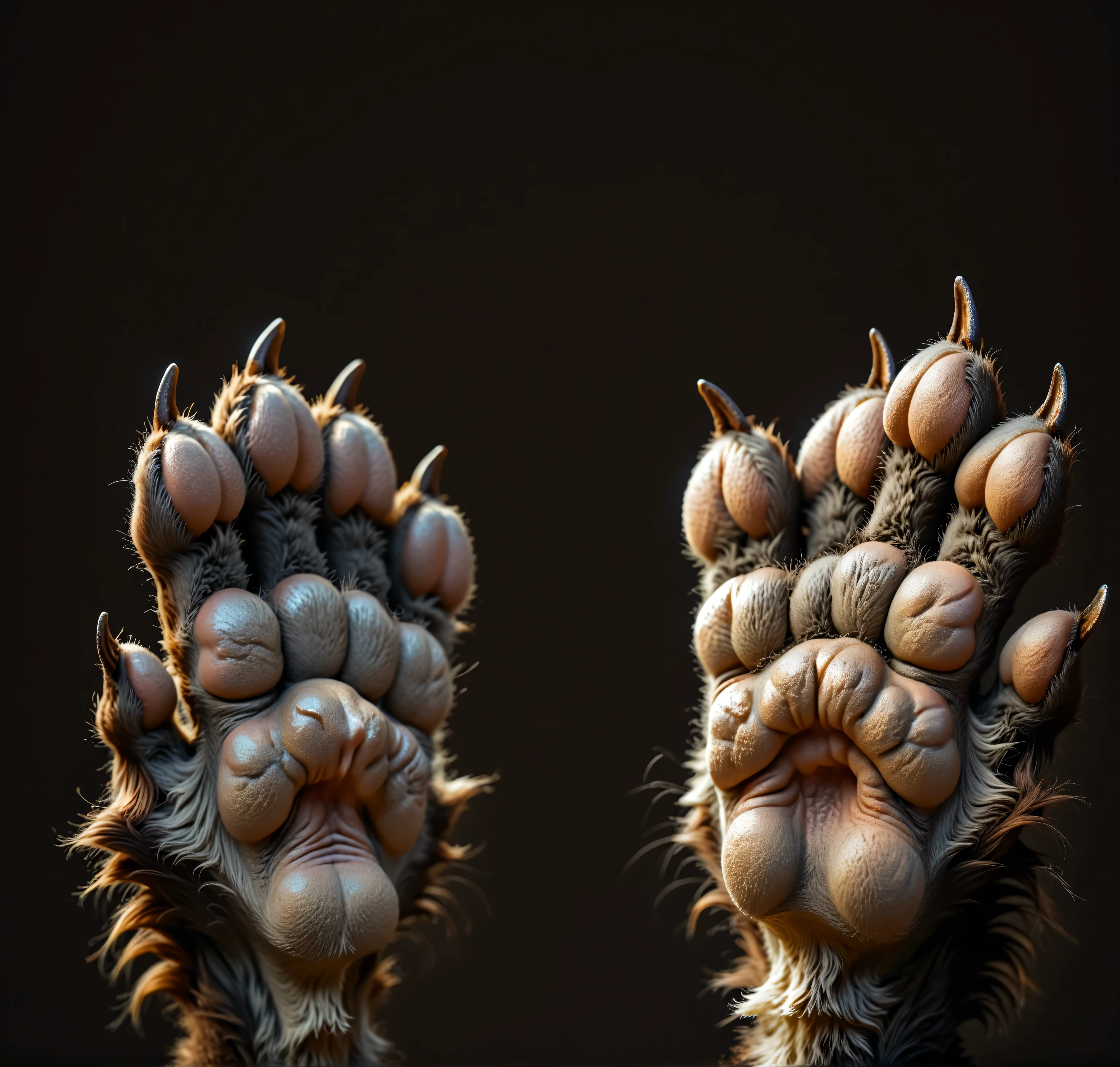 detailed grey Pawpads:1.3, pads, forefeet:1.4, werewolf paws, animal thumbs, wolf paws:1.1, brown fur, short thick toes, spreads toes, detailed fur, fluffy, long dark grey claws, extra detailed, extreme details, deep details, masterpiece, realistic, simple black background