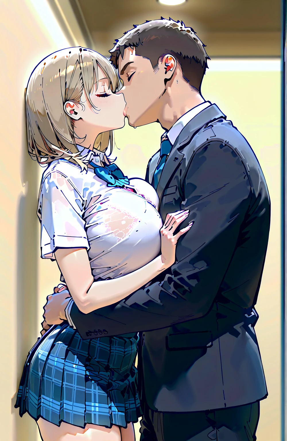 NSFW:1.55、Male genitalia(​masterpiece、Highly detailed 8K CG、Sharp lines)、Official art、Colorful and beautiful Japan anime style big eyes、1 pretty lady、a blond、(Real Female Student Uniform)、dark-brown eyes、cute little、A sexy、(From  above、POV:1.3)、crouching down、Slouched、sface focus、Mouth wide open、 (oral 、Breast :1.4)、Facial sperm、sexual excitement、Nasal blush、nipple erect、Bukkake、(One man stands in front of a woman)、(Including male genitalia in the mouth)、Wet and see-through、Small hard nipple erection:1.4、 through、Look at the viewer、full of shyness、(Colossal tits)、cleavage of the breast、