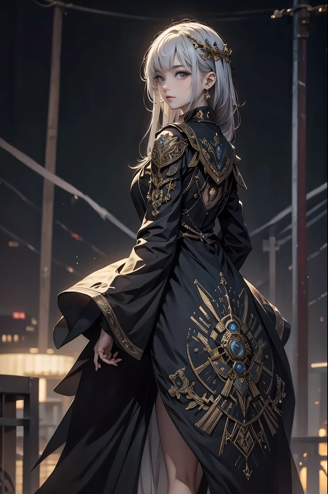((from front:1.5))((masterpiece:1.5、best quality, 2.8D illust, Very detailed 1girl, classic girl, classic, Mechanical decoration、 back ground:dark world.
