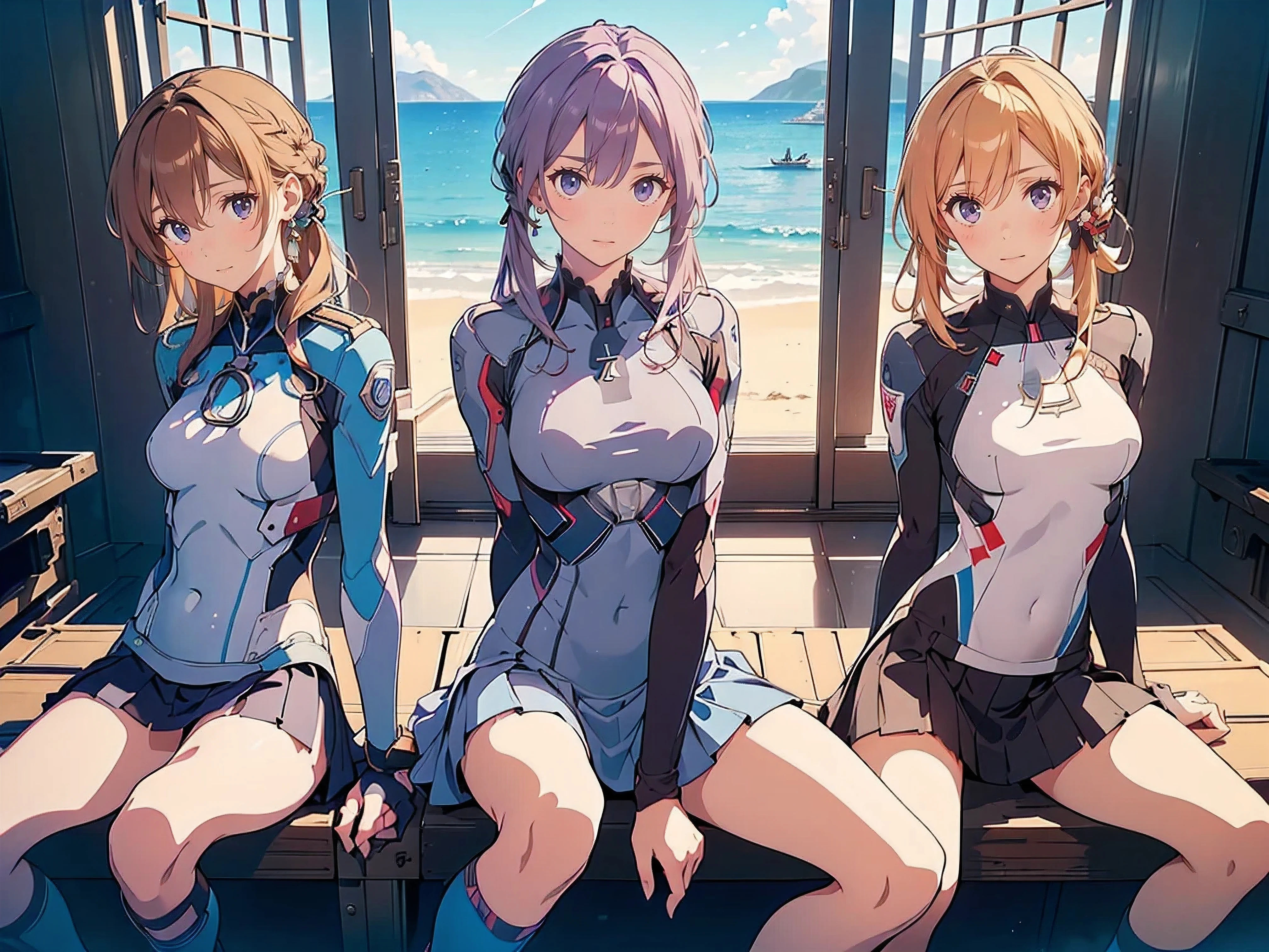 (( best quality , 8k, masterpiece:1.3)), concentrated:1.2, Perfect Body Beauty:1.4, Highly Detailed Face and Skin Textures , beautiful eyes, double eyelids, break,( Prince Eugen), (Kantai Collection), (medium Hair:1.5), (wind, floating hair:1.1)、 twin tails、bangs, blunt bangs , ( purple eyes:1.1),Blonde, break, (Perfect hands, perfect anatomy),(medium breasts:1.5),(small head:1.5),(scrawny legs: 1.3),((wide hip:1.5)),((pale bule skin)), break, (looking at viewer:1.3), break, ,((skindentation , flight suit, skirt:1.5))、 break upper body、cowboy shot, ((sitting、 crouch:1.5))、((3 girls:1.5))、((wide spread legs:1.5))