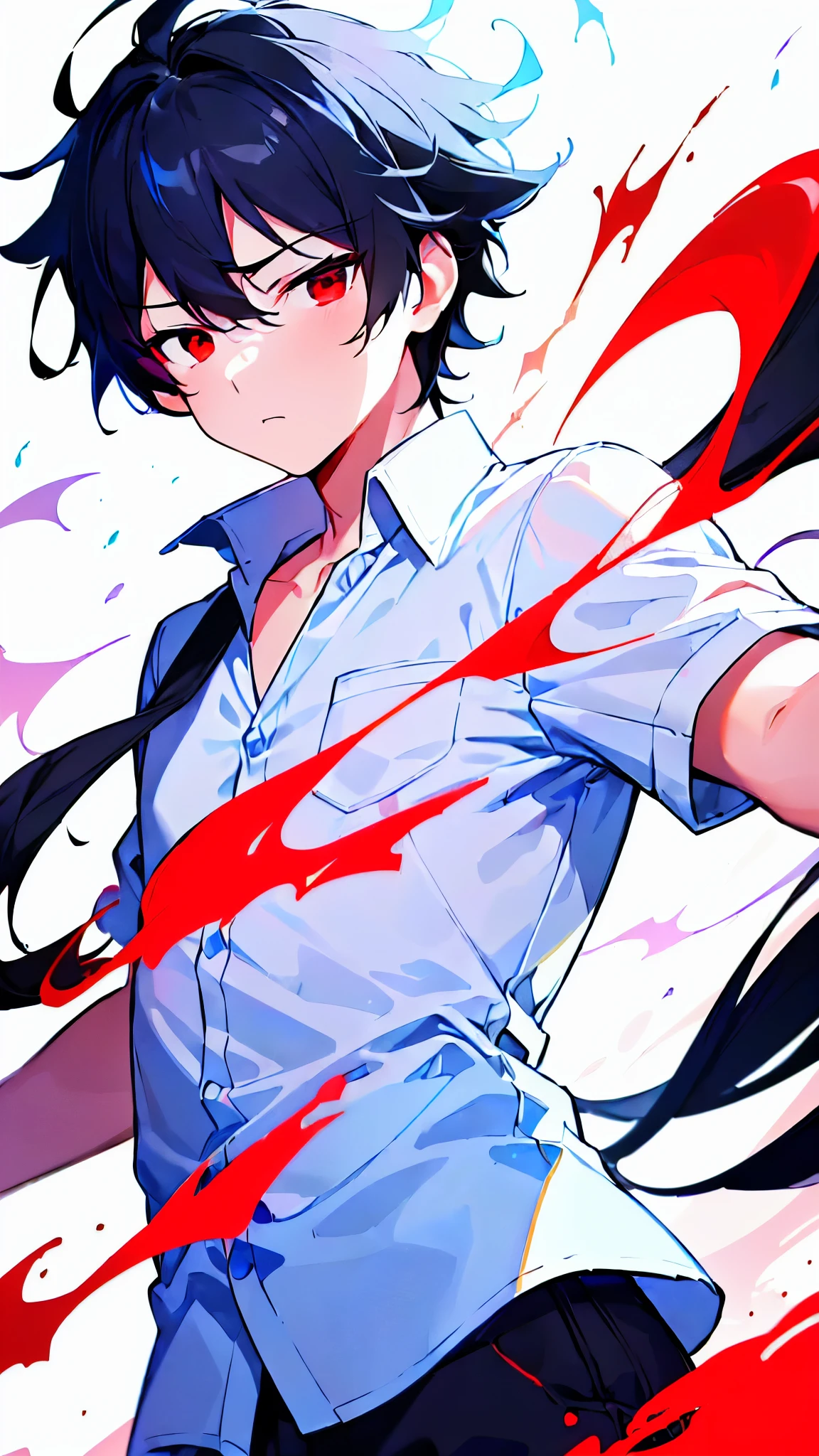 [(WHITE BACKGROUND:1.5),::5], ((masterpiece)), high quality, ultra very high resolution, full color, ((solo)), (( boy)), white shirt, ((men's Black hair)), (Red eyes), anime, (upper body), (Blue Blaze effects:1.3)