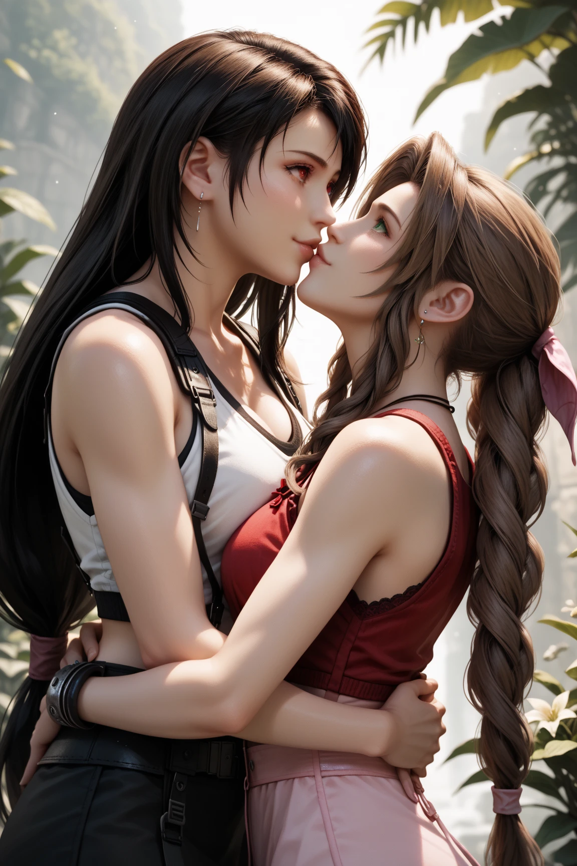 yunaffx, deep cleavage, topless, large breasts, deep cleavage, wearing nightie, dracula holding her by shoulders kissing her neck