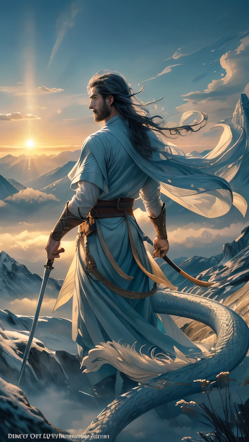 (Foto RAW, best quality), (realistic, realistic: 1.3), NVIDIA RTX Ray Tracing, octan render, high-resolution, extremely delicate and beautiful, Awesome, finely detailed, masterpiece , ultra-detailed, Altas, (best illustration), (best shade), intricate, Handsome Chinese man with ancient long hair stands atop a mountain peak shrouded in mist, 20 year old boy, beautiful, no beard, a delicate facial features, fairy wind bone Dao, white for clothes, immortal, beautiful clothes, his left hand raised above his head, wielding a luminescent green orb, with back to the spectator, in front of a gigantic blue Chinese Loong, (Loong: 1.4), clouds, storm, mountains , sun sunset, sharp focus, perfect compositio, absurd, Fantasy, intricate, elegant, highly detailed, volumetric mist, 8K UHD, dslr, high quality, (grain of film: 1.4), Fujifilm XT3, art-station, smooth and sharp focus, circumstantial, award-winning photo, BLN-L24, exposure, high contrast , cinematic lighthing.