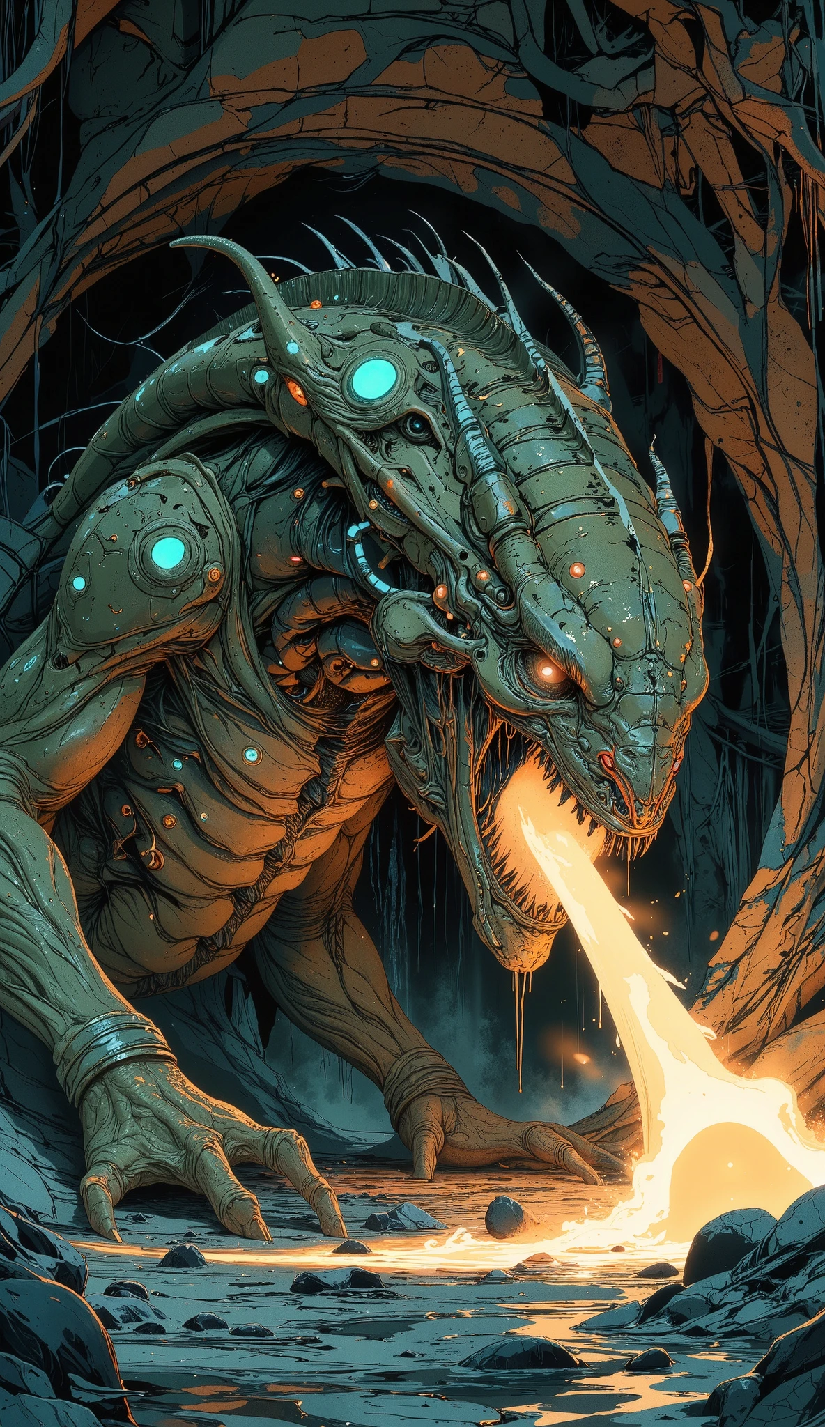 bloom,((A dragon , strong and robust, dynamic position , big, sharp fangs:1.5)), combat position long fire , looking at the viewer , broad, by the floating, Hanfu,( colors glitter , Textured skin:1.2), Black background cave with stalactites, dark, rocks on the ground ,
