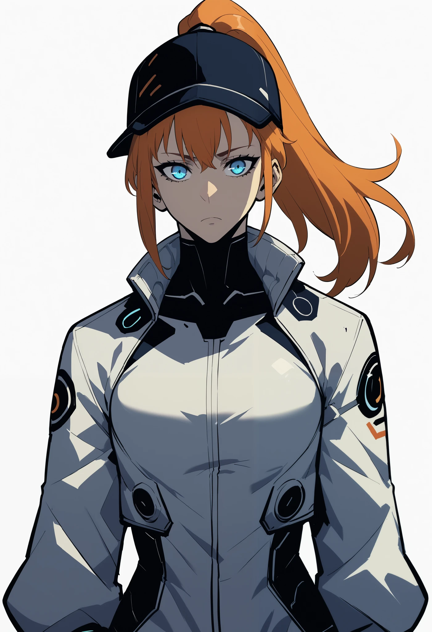 Midly Muscular woman in futuristic fantasy clothes, Long orange hair under a cap, ponytail, blue eyes, tight white jacket, black pant, intricate pencil sketch, expressive eyes and nose and mouth, un-zoom, highly detailed, dynamic pose, white background, Hans in pockets, upperbody 